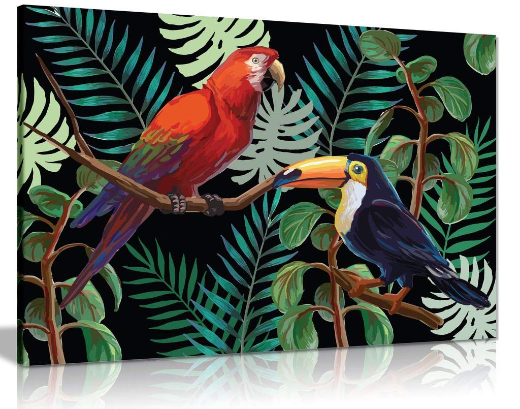 Panther Print Multi-Color Tropcal Birds & Plants Canvas Wall Art Picture Print (36X24)