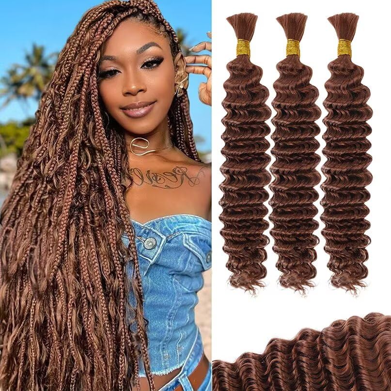Auburn Brown Human Braiding Hair for Boho Braids 3 Bundles 20 Inch 100g 12A Deep Wave Braiding Hair for Bohemian Knotless Braids 100% Unprocessed Virgin Bulk Hair Extensions No Weft #30