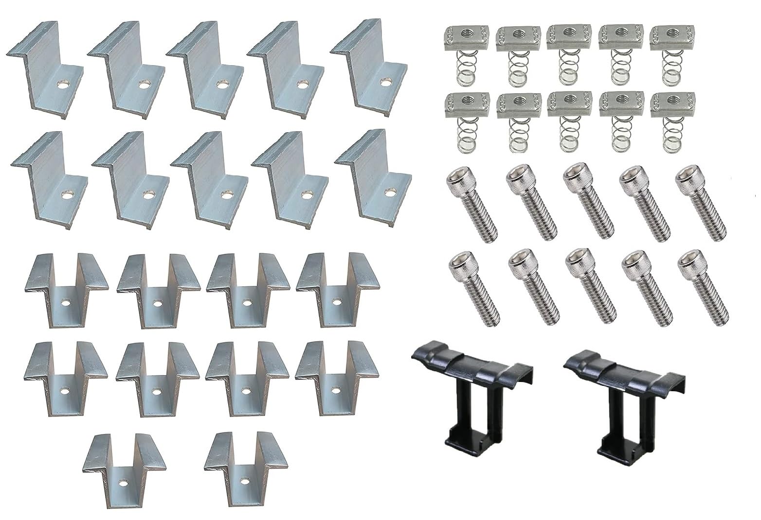 MOREL SOLAR PANEL MOUNTING MID CLAMP 38MM END CLAMP & SPRING NUT, ALLEN BOLTS 32MM WATER DRAIN CLIP FOR SOLAR PANELS|10 MID CLAMPS 10 END CLAMP & 10 SPRINGS NUT+ 10 ALLEN BOLT & 2 WAITER DRAIN CLIP|