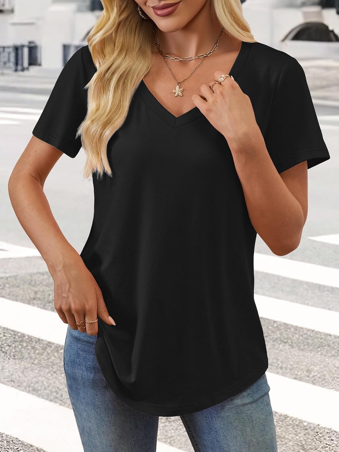 ATHMILE Womens V Neck Short Sleeve Summer T Shirts Curved Hem Plain Top Beach - Image 5