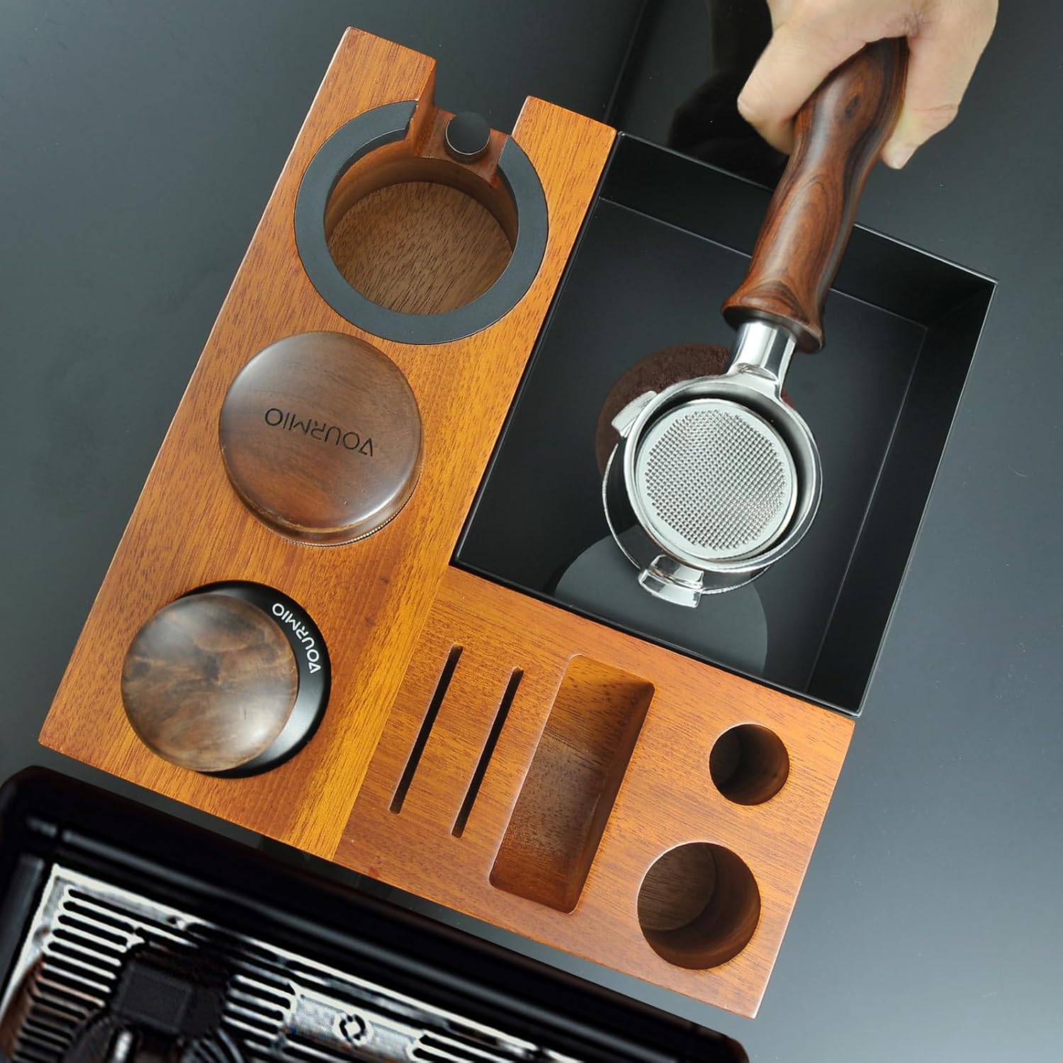 Espresso Tamping Station - Large Knock Box, 9 in 1 Espresso Coffee Organizer for Storage 51/53/54/58MM Espresso Tamper, Distributor, Portafilter and Puck Screen Accessories