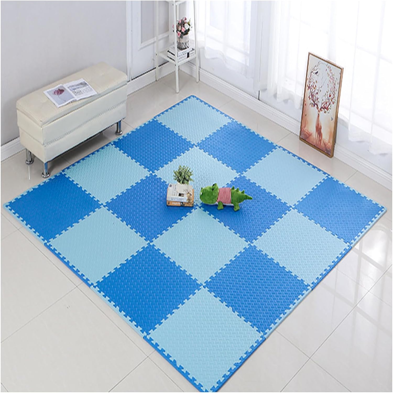 12-Pack Extra Thick Foam Puzzle Exercise Mat 12x12x1 Interlocking Floor Tiles, High-Density EVA for Gym/Play Area, Light Blue & Blue Color – Durable & Non-Slip
