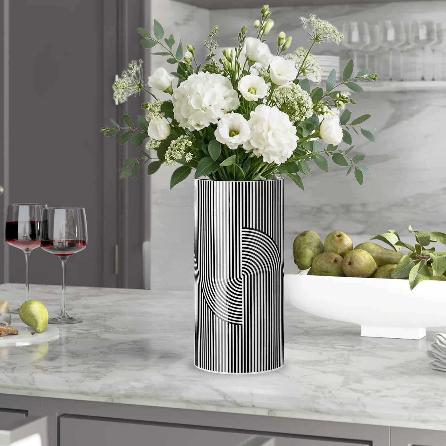 Torre & Tagus 12" Tall Black and White Ceramic Vase for Flowers - Big White Vase with Black Stripes, Gloss Finish & Large Opening for Flower Bouquets or Centerpiece (Monochrome Linear Curve)