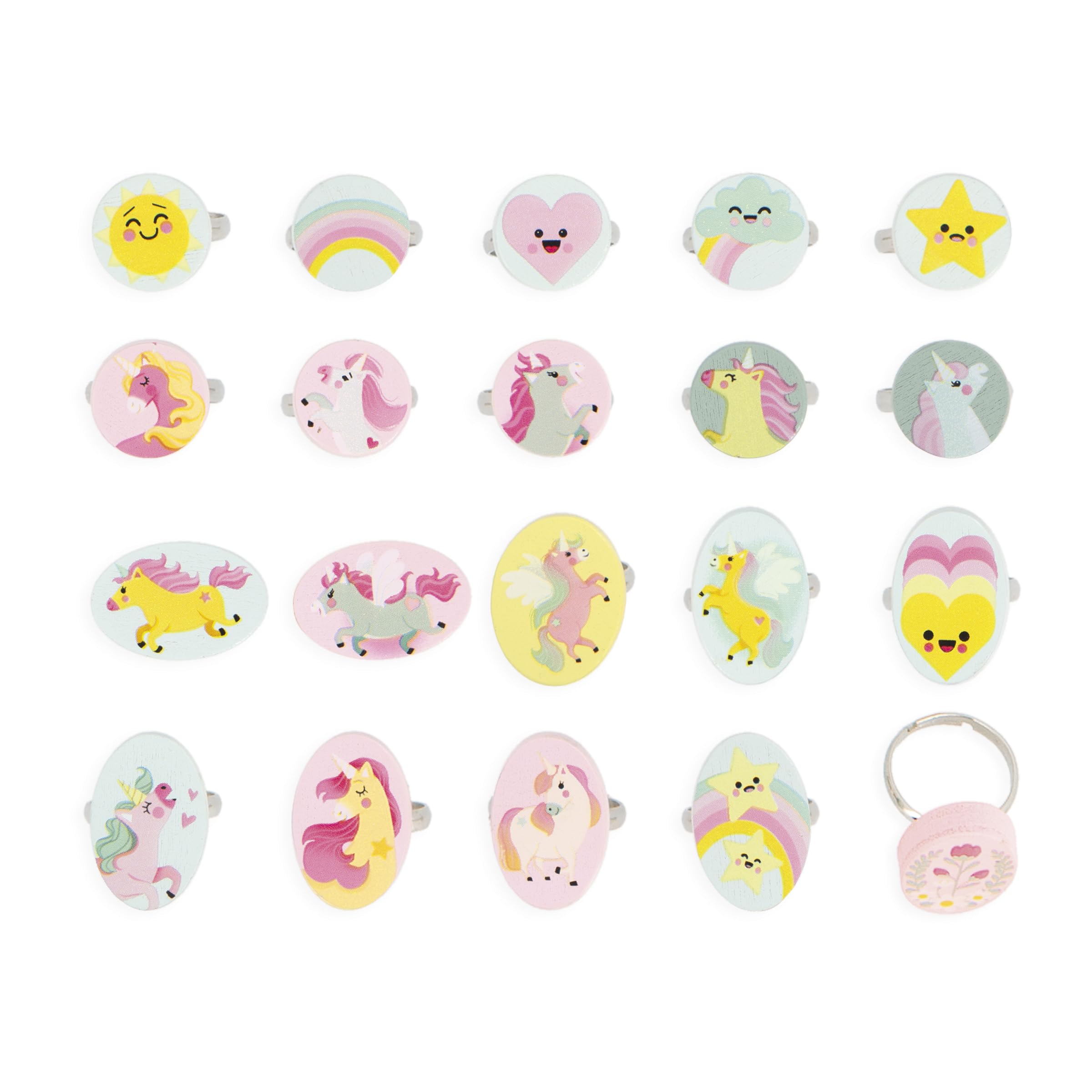 Janod - 20 Adjustable Wooden Rings Unicorn Theme for Children - 10 Round + 10 Oval - Adjustable Rings - Wood and Metal Jewelry - Girl's Toy - Fashion Accessory - From 3 Years - J08881