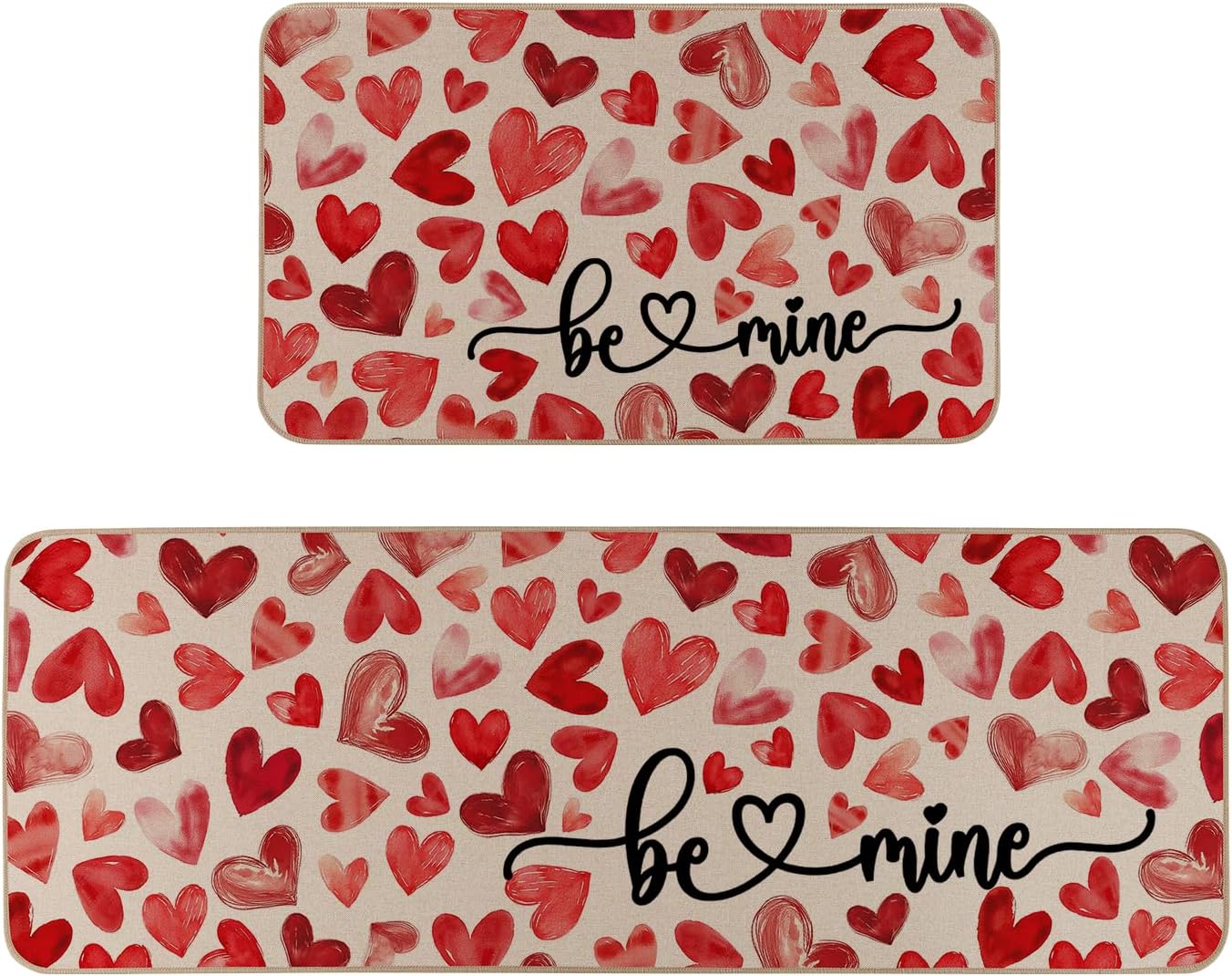 Moutina Be Mine Valentines Kitchen Rugs Set of 2, Love Heart Home Decor Low-Profile Kitchen Mats for Floor - 17x29 and 17x47 Inch