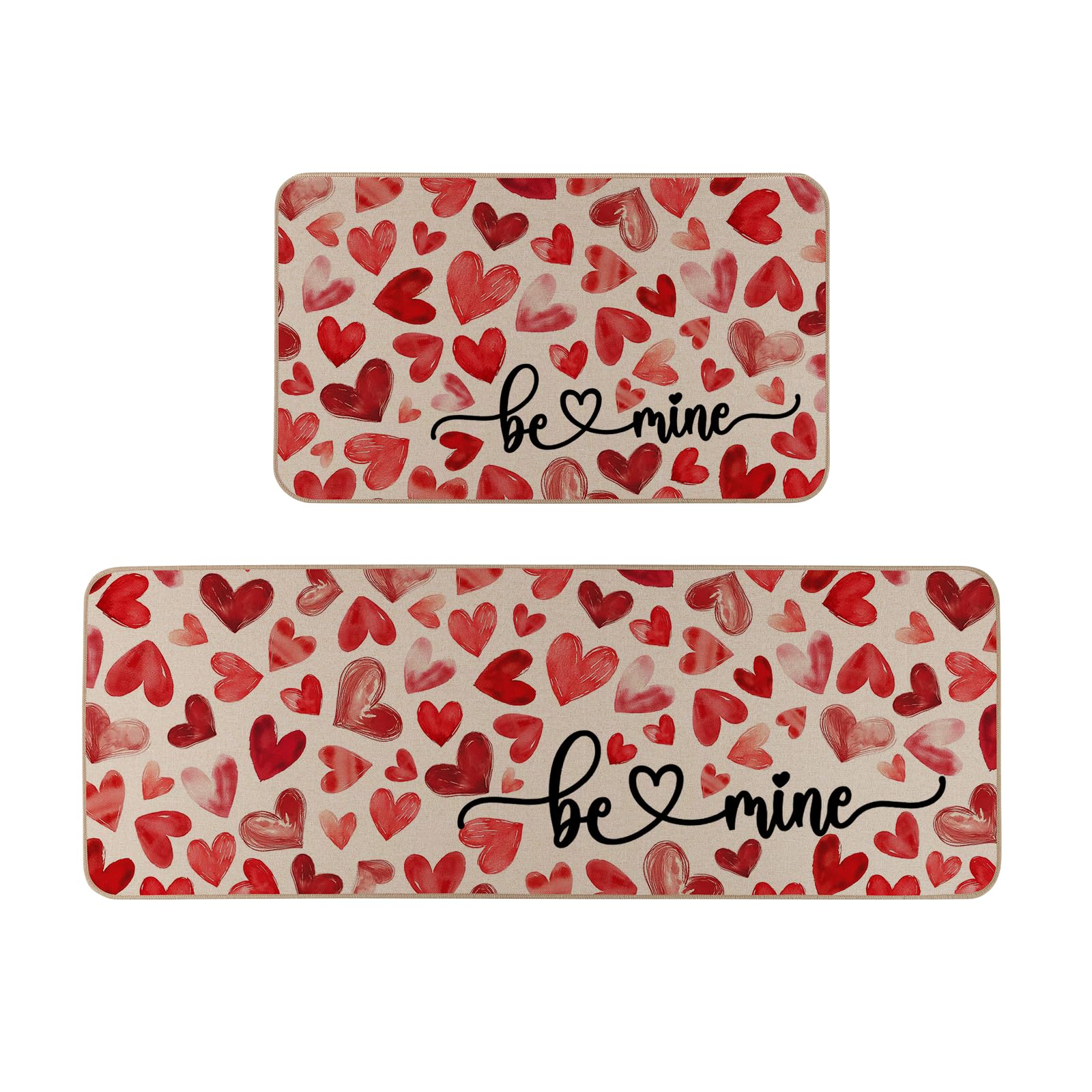Be Mine Valentines Kitchen Rugs Set of 2 Love Heart Home Decor Low-Profile Kitchen Mats for Floor -