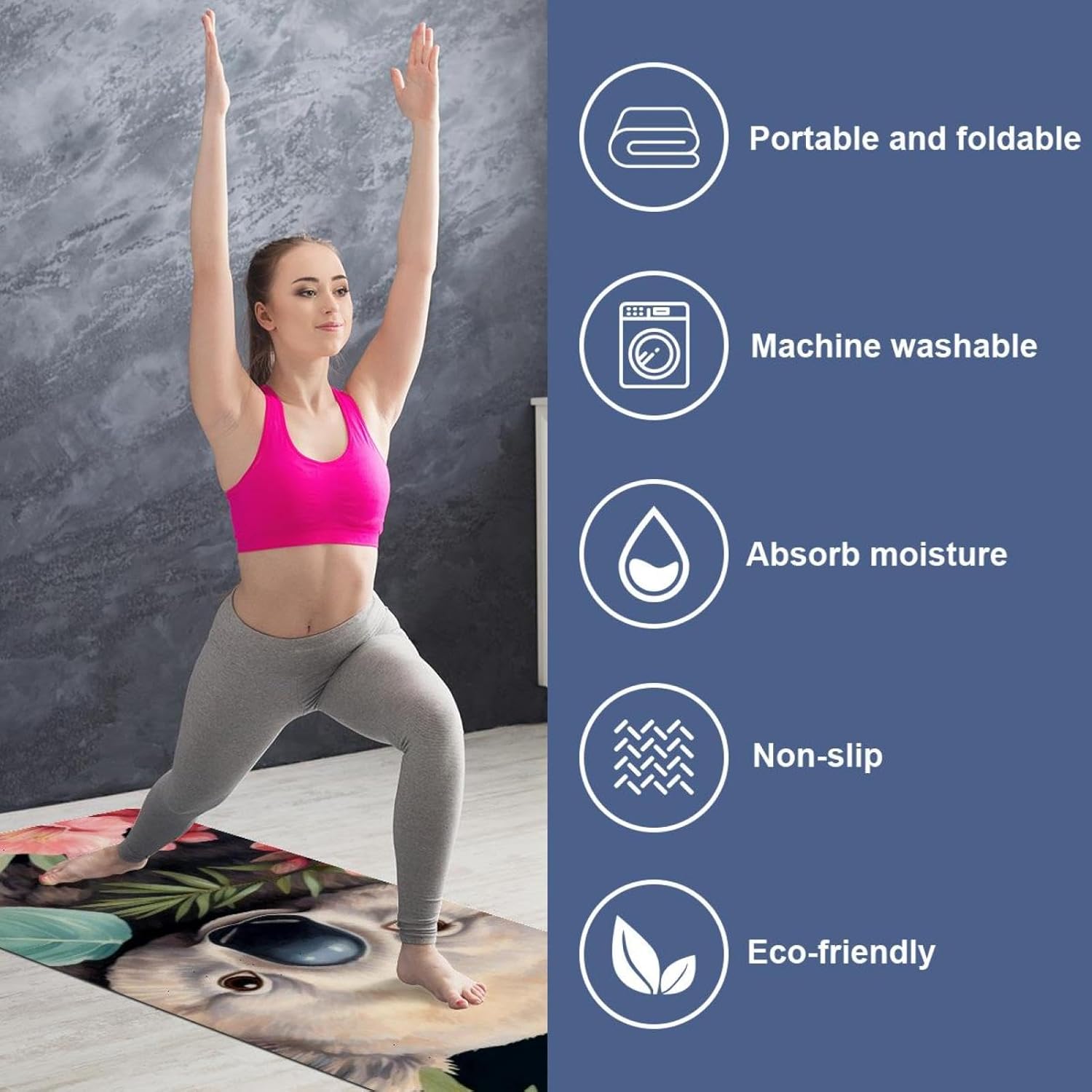 Yoga Towel, Koala Flowers Pattern Non Slip Sweat Absorbent Hot Yoga Mat Towel for Hot Yoga, Pilates and Fitness - 72.8" x 26.8"