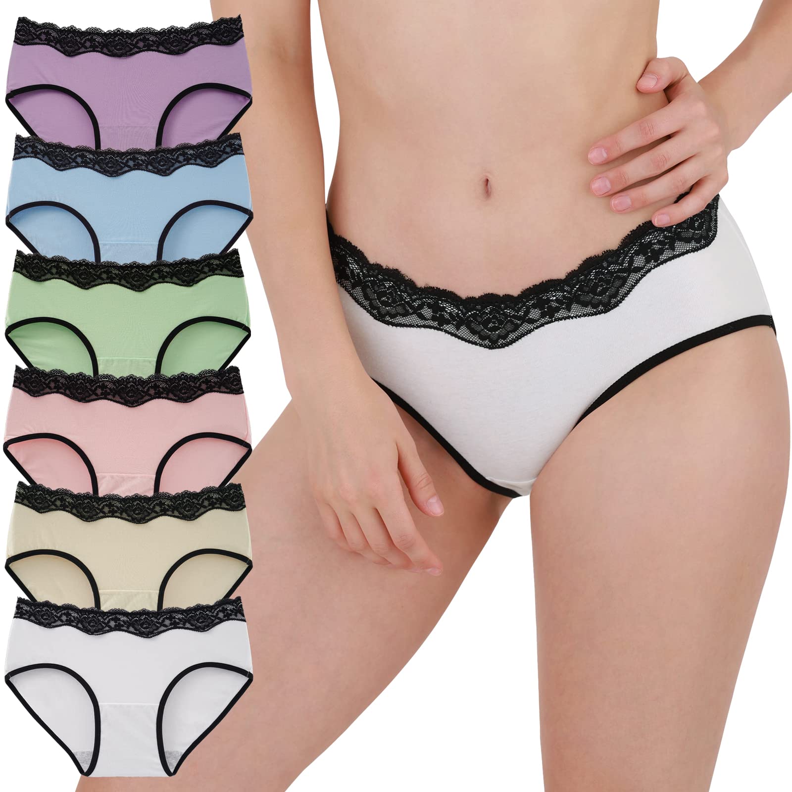 INNERSY Unterhosen Damen Baumwolle Pantys Spitze Atmungsaktive Hipster Unterwäsche 6er Pack (36, Mehrfarbig Hell)