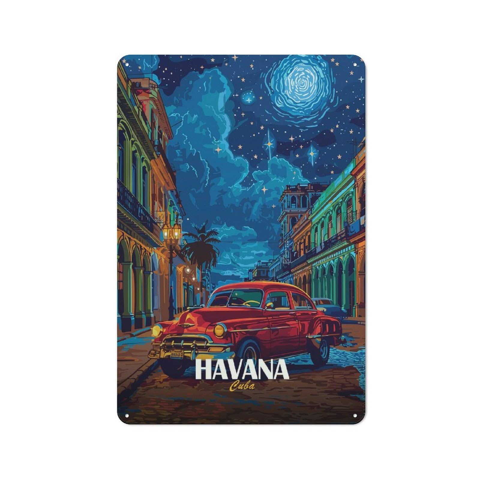 Junmoney Style-21 Havana, Cuba Classic Car At Night Tin Wall Sign 30X20cm, Retro Novelty Wall Art For Bedroom, Kitchen, Office Or Living Room