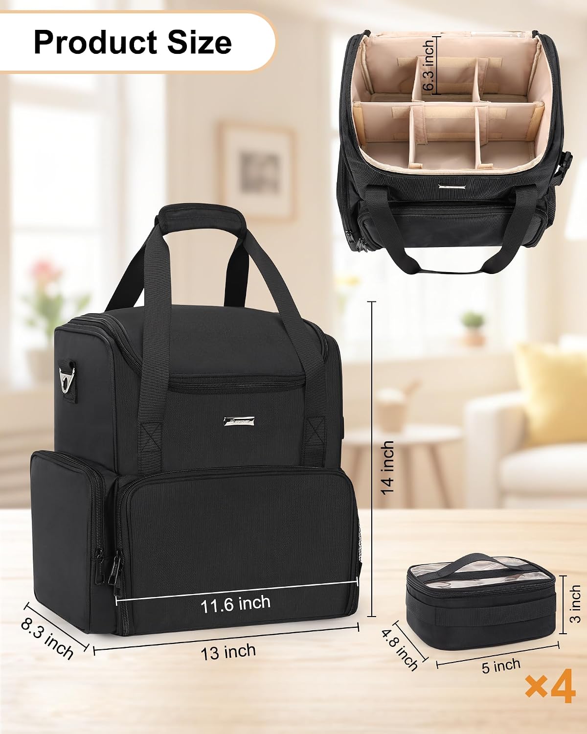 Relavel Large Makeup Bag with 4 Clear Bags, Professional Makeup Artist Bag | Dual Layer Makeup Case Travel Cosmetic Organizer with Brush Compartment & Dividers, Dual Handle and Shoulder Strap, Black