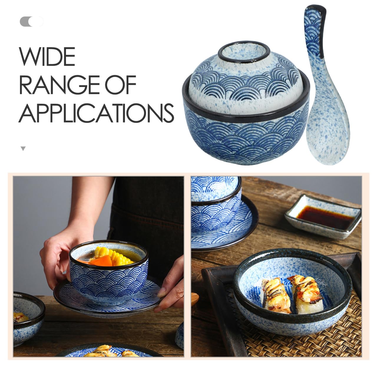 YARNOW Bol À Soupe Japonais En Céramique 3.7 Pouces Avec Couvercle Et Cuillère Bol Ramen Polyvalent Pour Cuisine Japonaise Et Service De Table