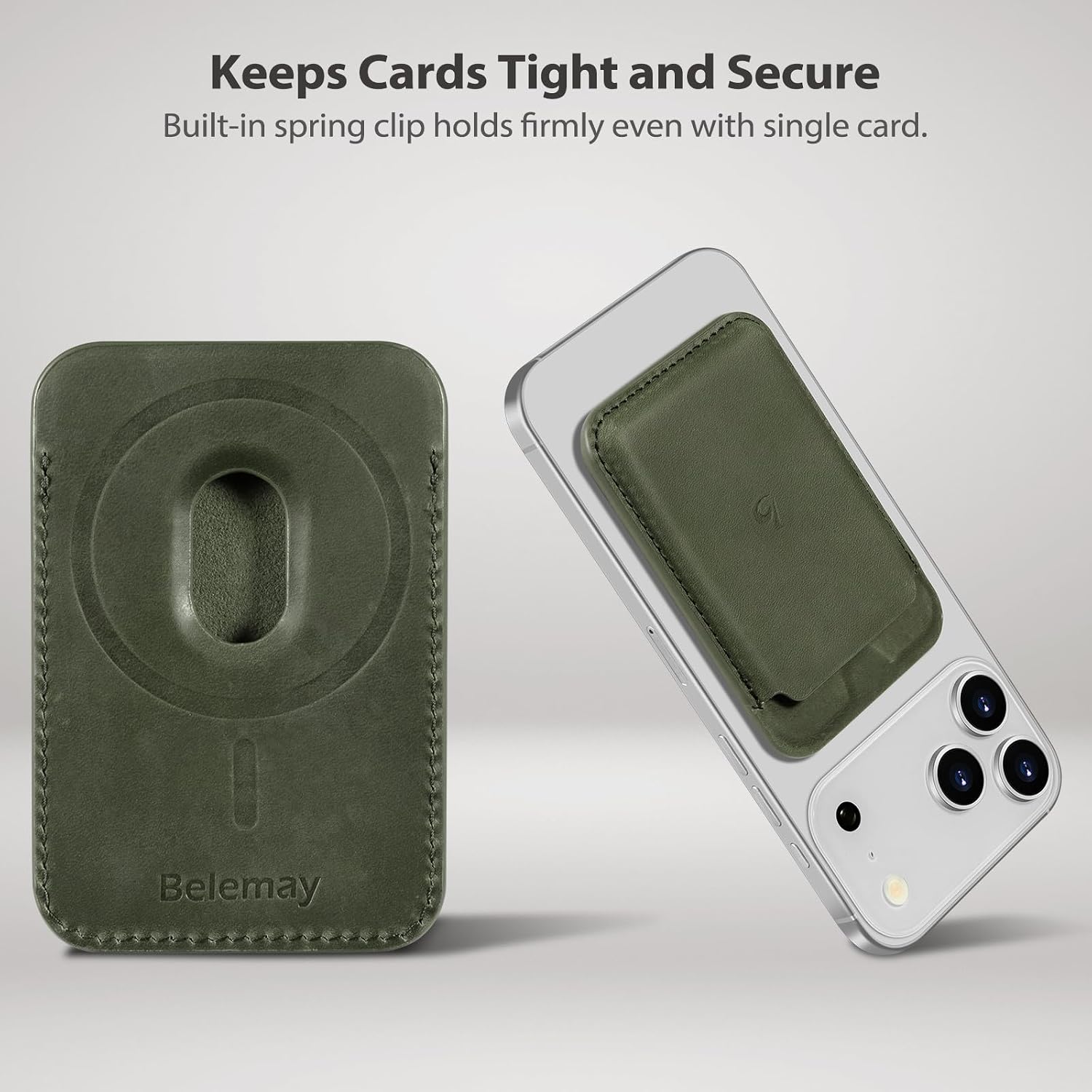 Belemay Minimal Wallet Compatible with Magsafe, Strong Magnetic Card Holder for 1-2 Cards, Vintage Crazy Horse Leather, Compatible with iPhone 17/16/15/14/13/12 Series and MagSafe Cases, Pine Green