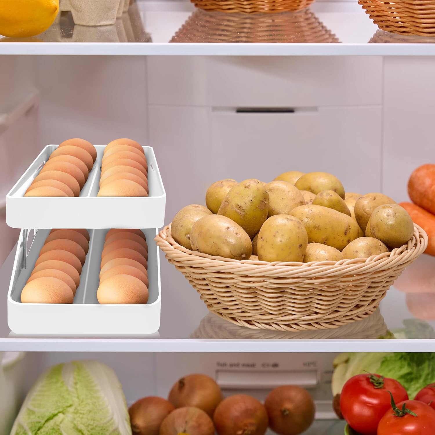 Egg Holder for Fridge Automatic Rolling Egg Dispenser for Refrigerator Kitchen Countertop - Space-saving Egg Roller/Organizer/Storage/Container/Tray for Fridge Double Track