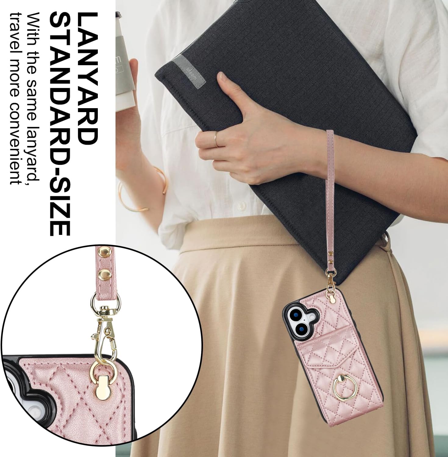 Asuwish Phone Case for iPhone 17 6.3 inch Wallet Cell Cover with Tempered Glass Screen Protector Crossbody Wrist Strap Ring Stand RFID Blocking Card Holder i Phone17 i17 17Case Women Girls Rose Gold