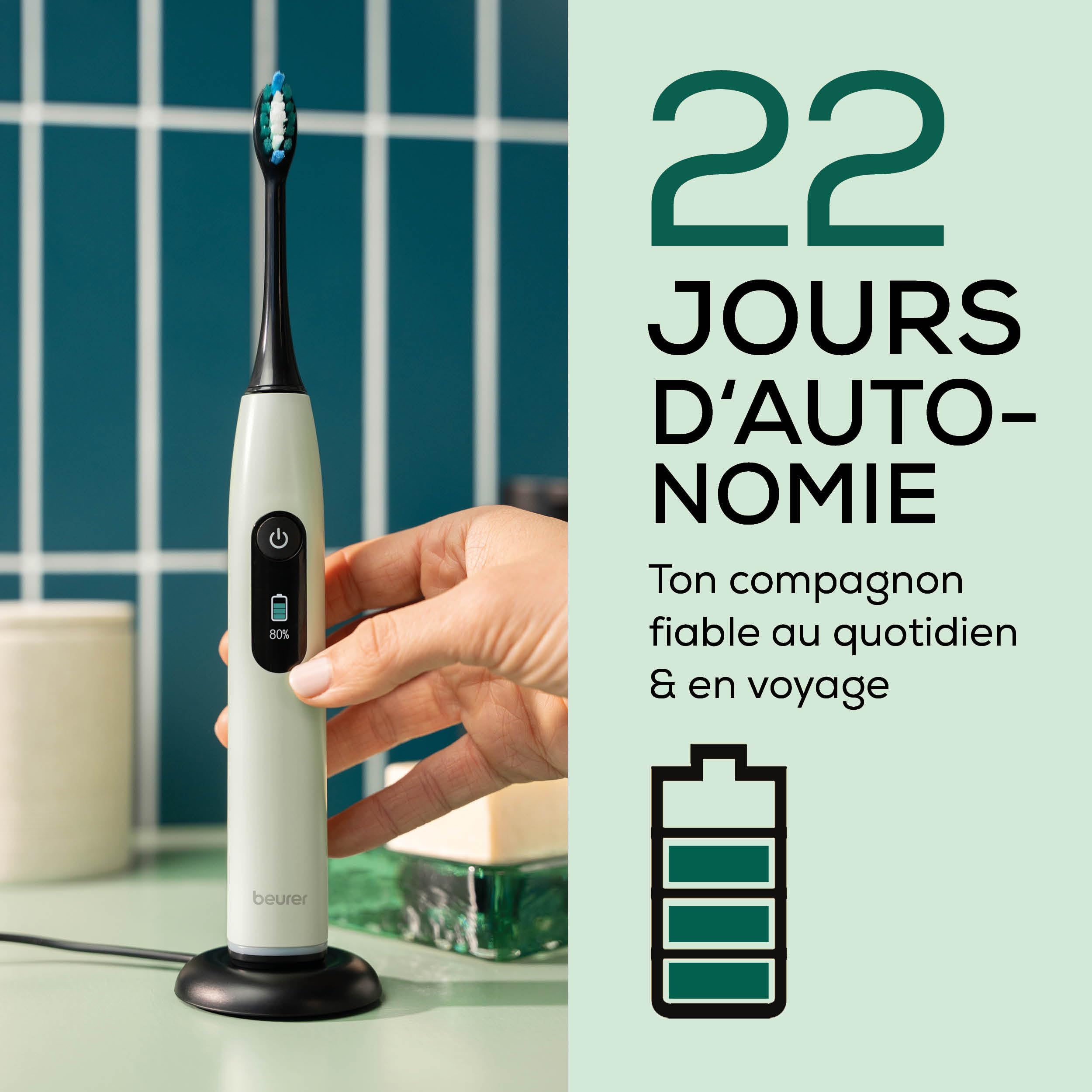 Beurer SC 50 Brosse à dents électrique sonique avec 5 modes de brossage et capteur de pression, 80 000 oscillations, écran avec indicateur de temps de brossage, 2 brossettes, boîtier 100% recyclé