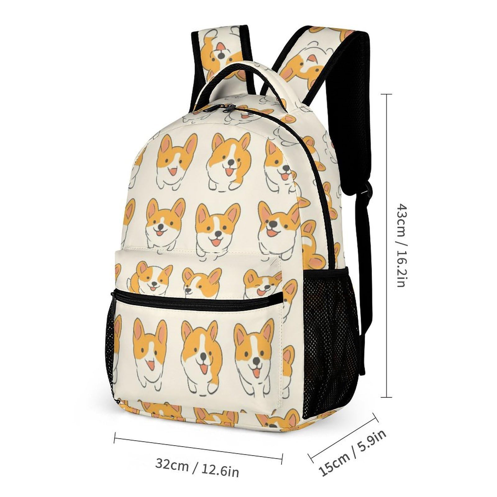 Cartable Scolaire Kawaii Corgis Chien Garçons Filles 8-12 Ans Sac d'École Motif Chiot CP-CE1 School Bag Bretelles Réglables Livres Cahiers Gourde Randonnée Loisirs