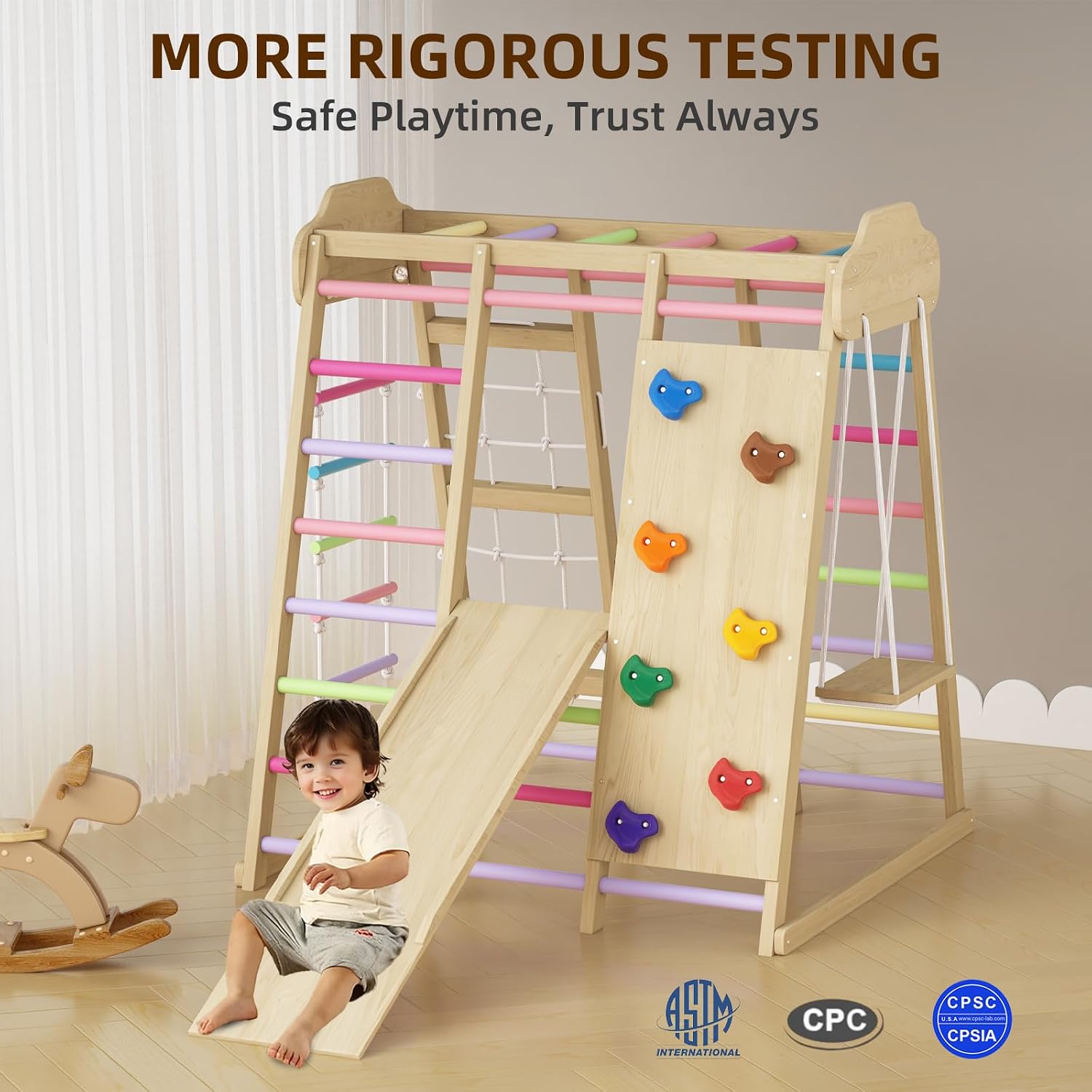 9 in 1 Indoor Playground for Kids, Montessori Wooden Toddler Jungle Gym Indoor with Slide, Swing, Rope Ladder, Climbing Net, Rock Wall and DIY Name Stickers, Playground Playset for Boys and Girls