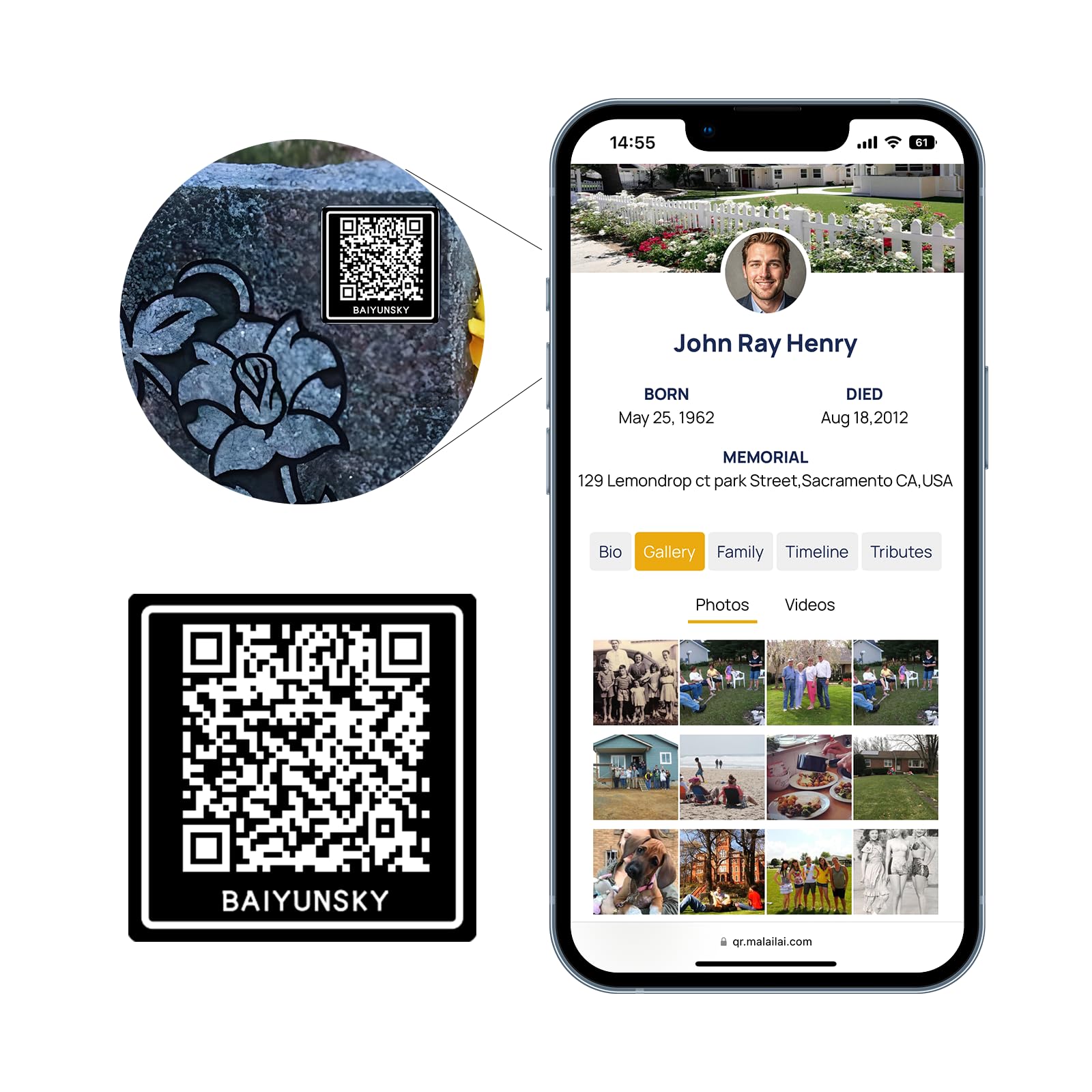 QR Memorial Webpage and QR Memorial Plaque for Cemetery Headstone Grave Marker, Sympathy Gifts for Loss of Loved One; Collect Memories, Photos,