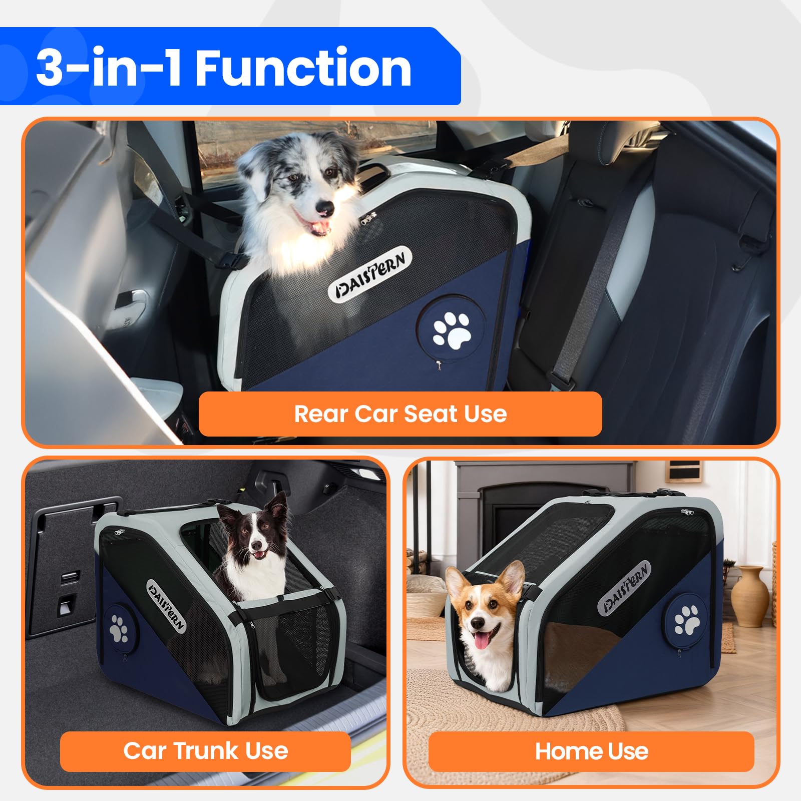 Faltbare Hunde Transportbox für Auto & Reisen, Tragbare Softbox für kleine & mittelgroße Hunde, 1-Minuten-Schnellfold, Robustes Metallgestell, Atmungsaktive Netzfenster & Komfortzugang, Blau