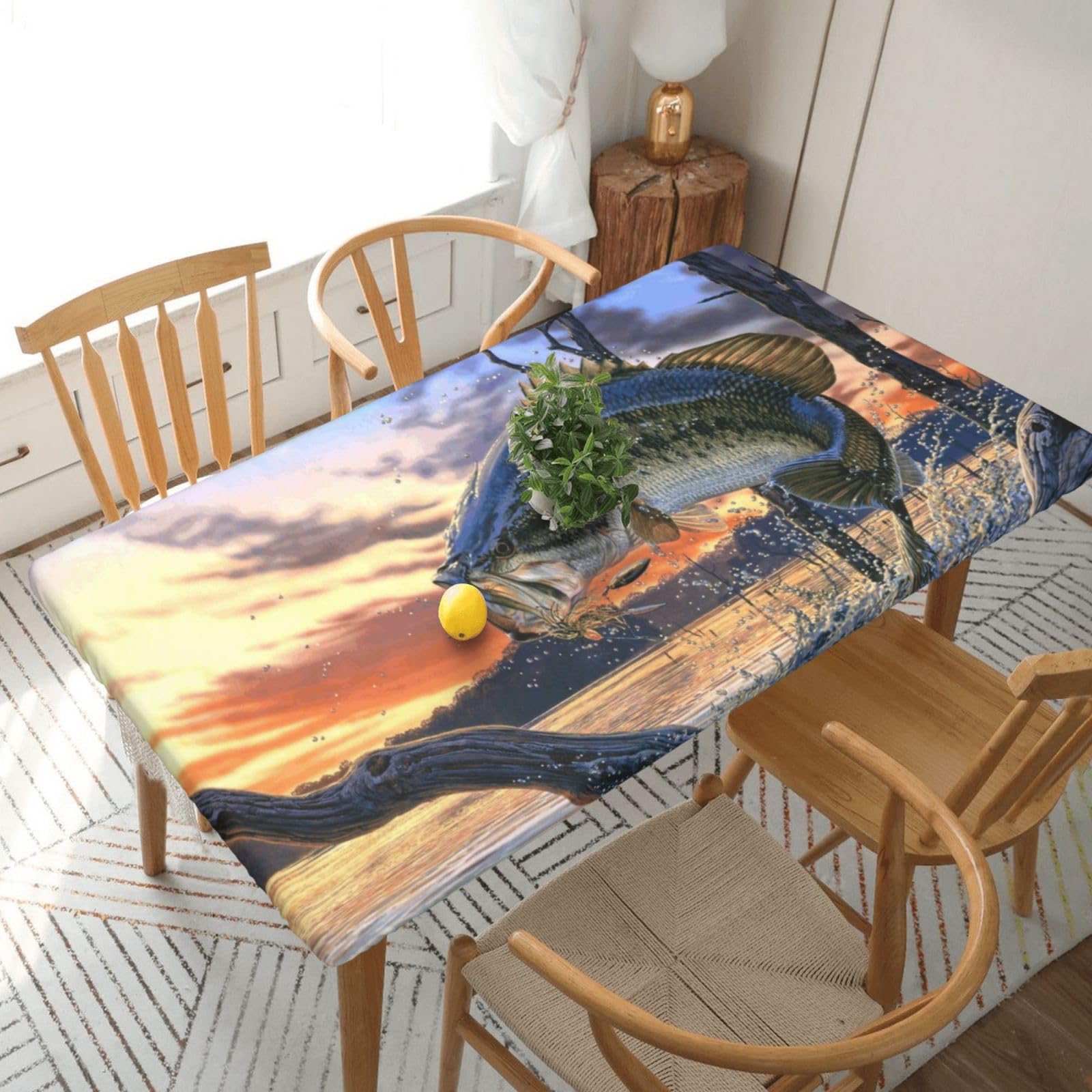 DCEHGEW Elastic Fitted Rectangle Tablecloth for 5ft Tables, Bass Fishing Wave Printed Oilproof & Washable Fabric Picnic Table Cloth Table Covers