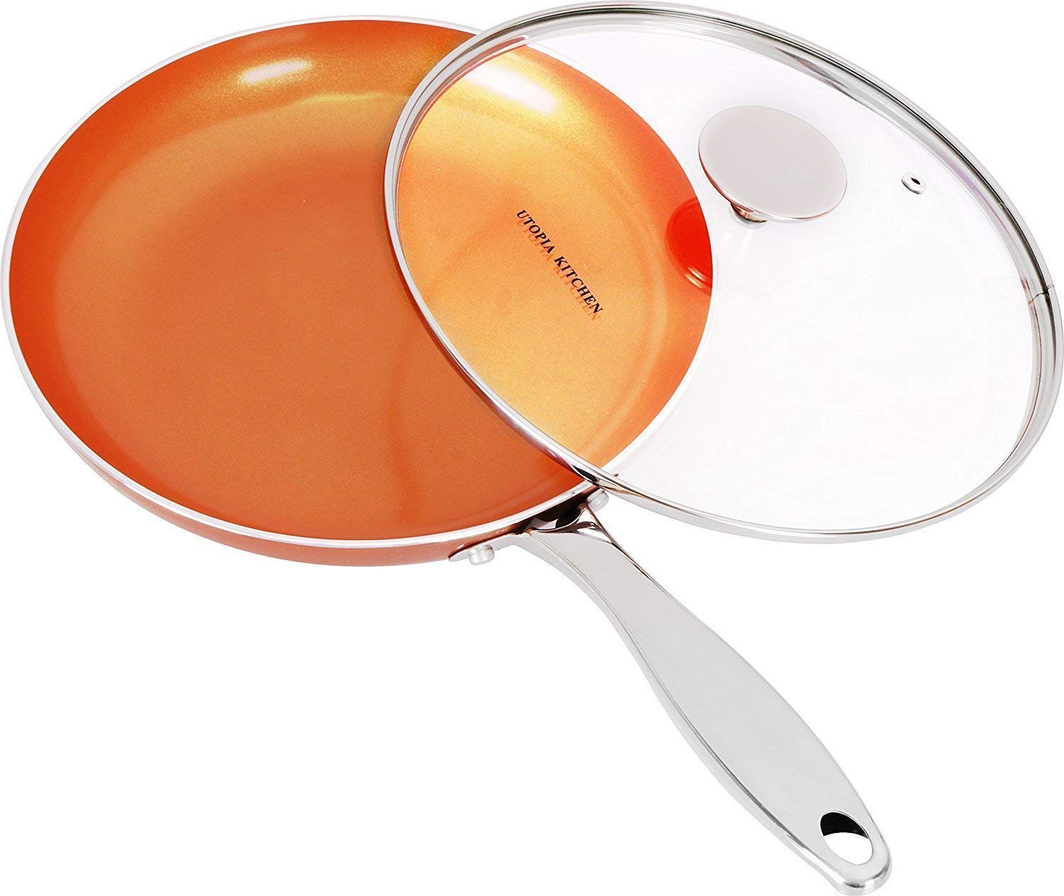 kitchen induction bottom 9.5 inches copper nonstick frying pan with glass lid and stainless steel handle - multipurpose use for home kitchen and restaurant