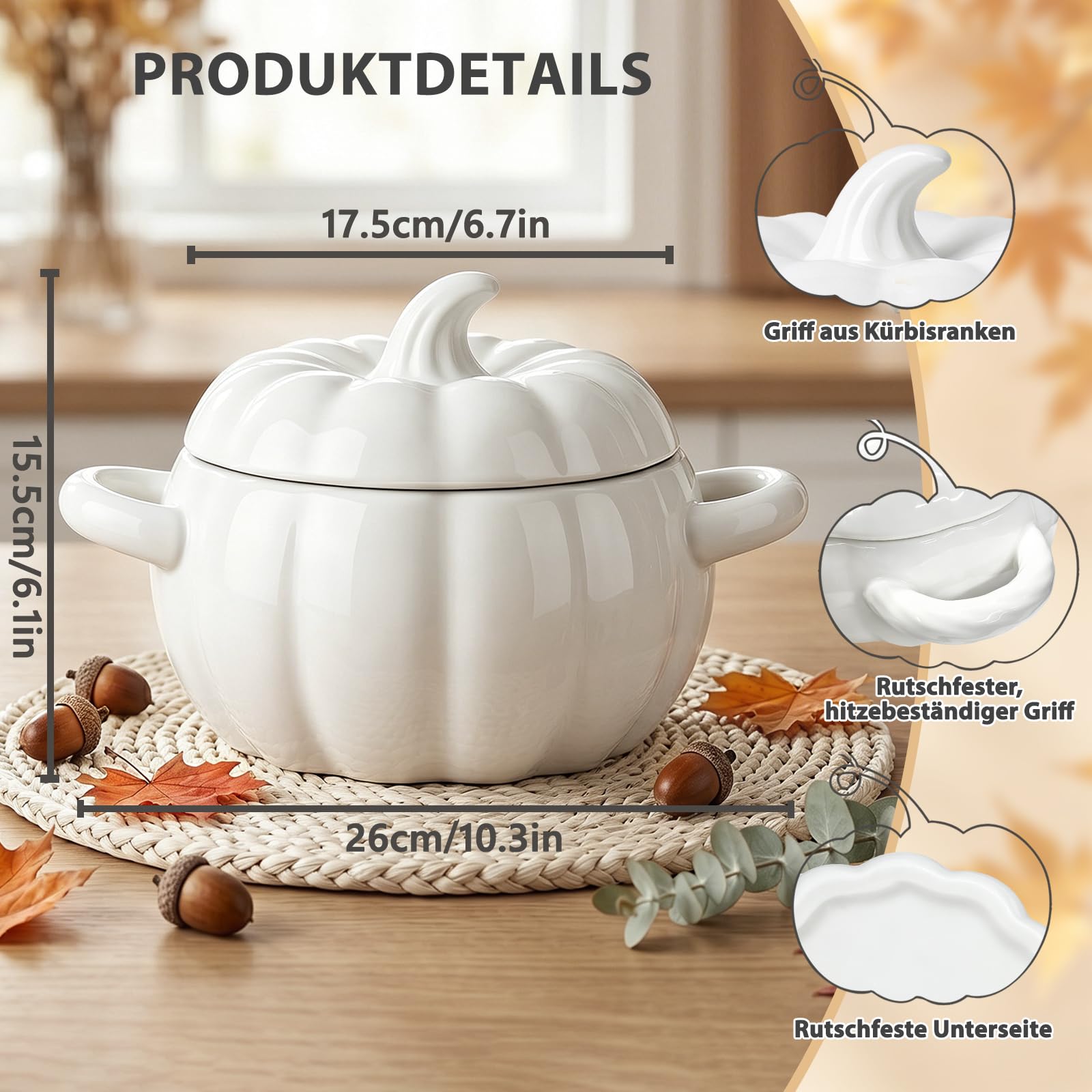 Justup Bol à soupe avec anse - 1,9 l - En céramique - Pot à soupe en forme de citrouille - Avec couvercle - Décoration d'Halloween - Batterie de cuisine pour la maison (blanc)
