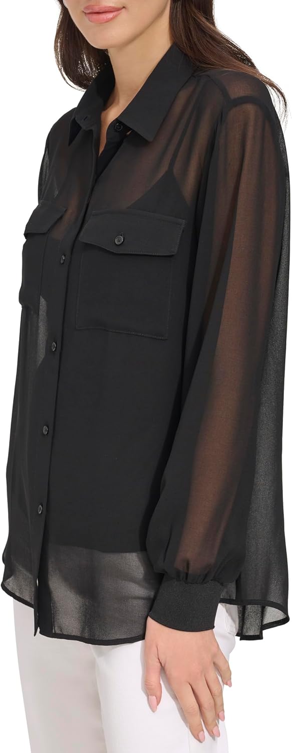 DKNY Womens Casual Button Down Chiffon Top - Image 2