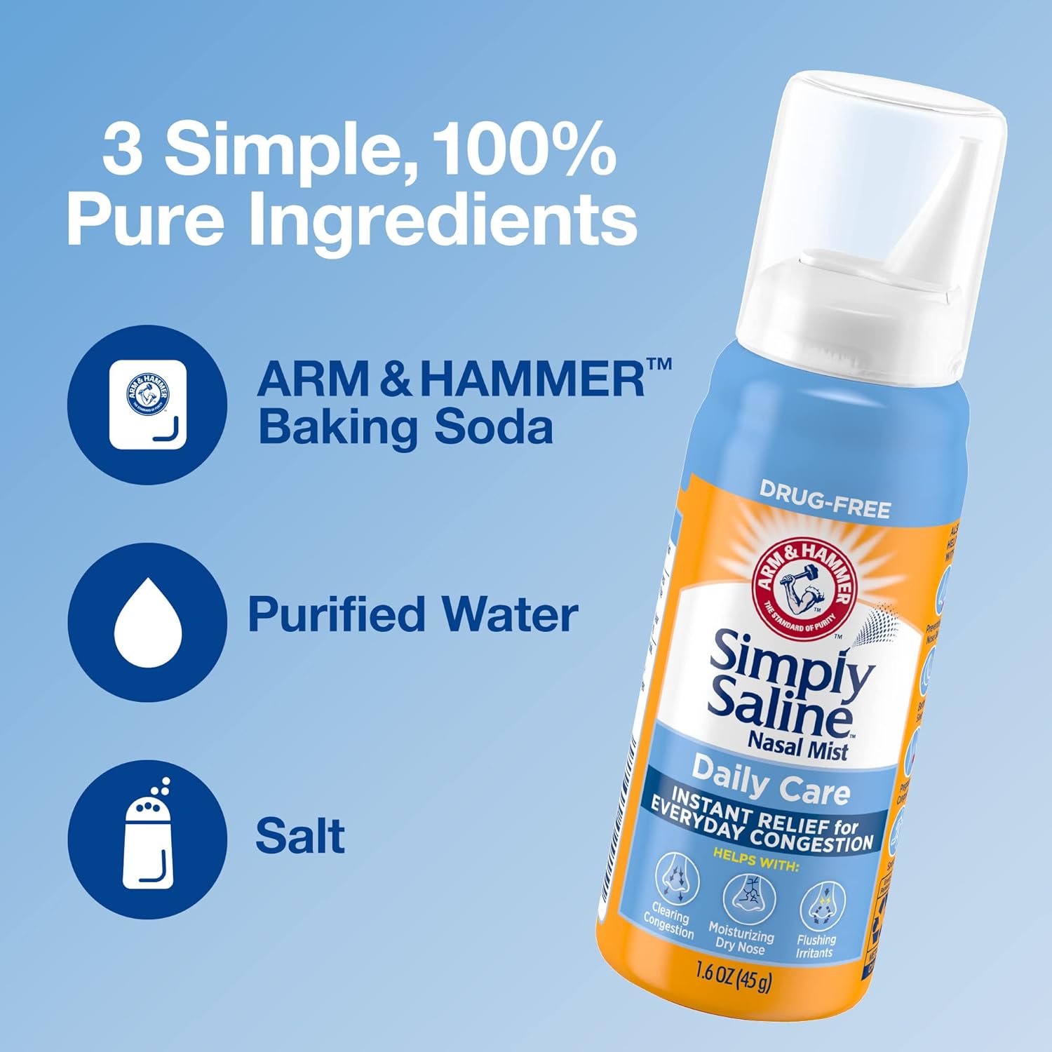 Arm & Hammer Simply Saline Nasal Mist Instant Relief for Everyday Congestion, 1.6 Ounce : Health & Household