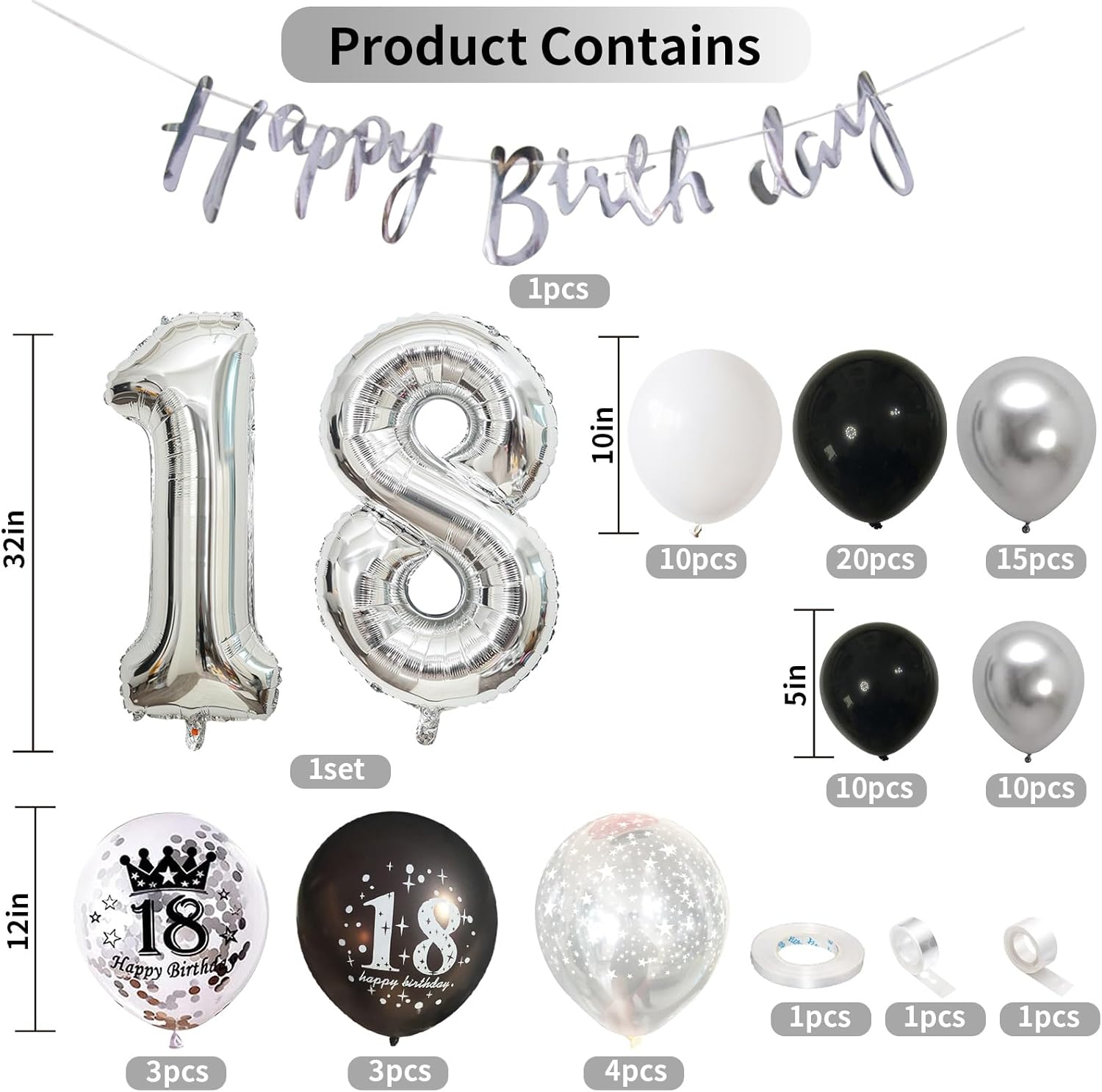 18th Birthday Decorations for Boys Black and Silver Balloons Garland Arch Kit with Number Foil Confetti Balloon Happy Birthday Bunting Banner Black Silver Party Decor for 18 Years Old Girls Women Man - Image 2