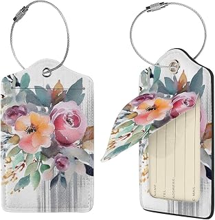 1 Luggage Tags for Suitcase PU Leather Suitcase Tag with Stainless Steel Loop Cute Bag Tags Watercolor Floral Corner Bouquet Travel Baggage Tags Name ID Labels for Cruise Airport Travel Essentials
