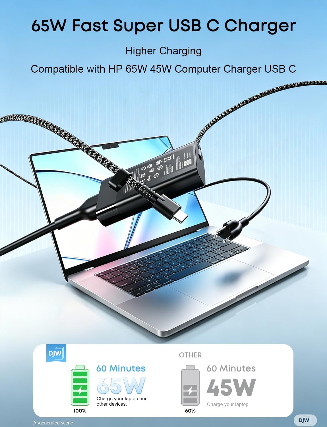DJW 65W USB C Laptop Charger Compatible with HP Spectre x360,Envy,Elitebook x360,Pavilion, Elite x2,Chromebook,Omnibook,Dragonfly,Zbook,ProBook Travel Computer Charger USB Type C AC Power Adapter
