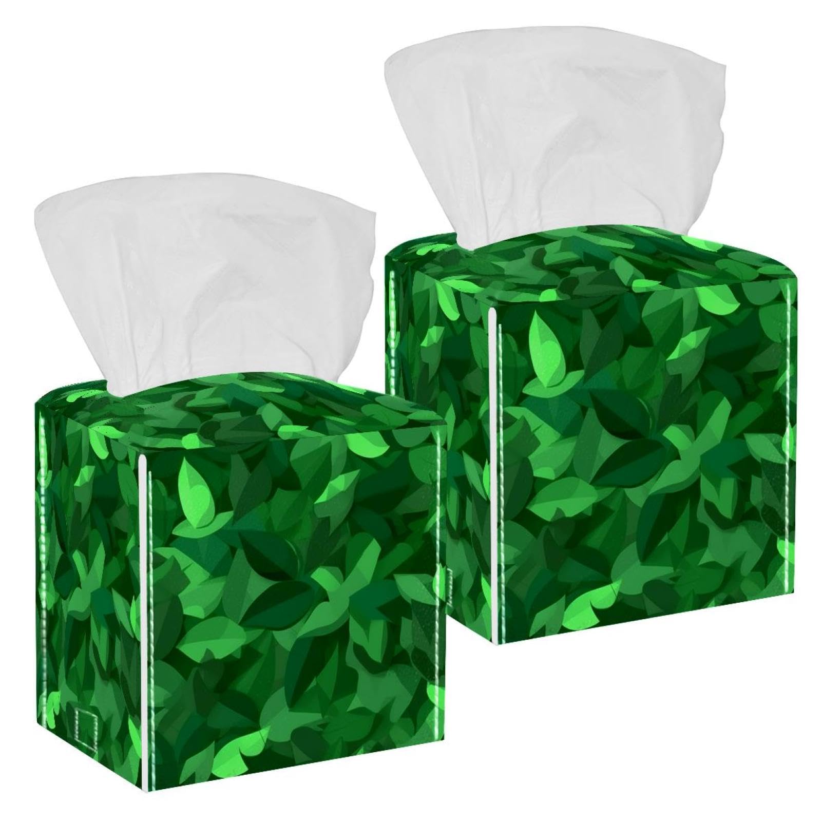 Artistic Leaves Tissue Box Cover, 2 Pack PU Leather Square Facial Tissue Dispenser Box holder for Home Office Car