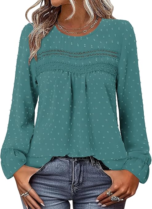 BETTE BOUTIK Womens Boho Fall Long Sleeve Shirts Crewneck Dressy Casual Blouses Trendy Flowy Tops