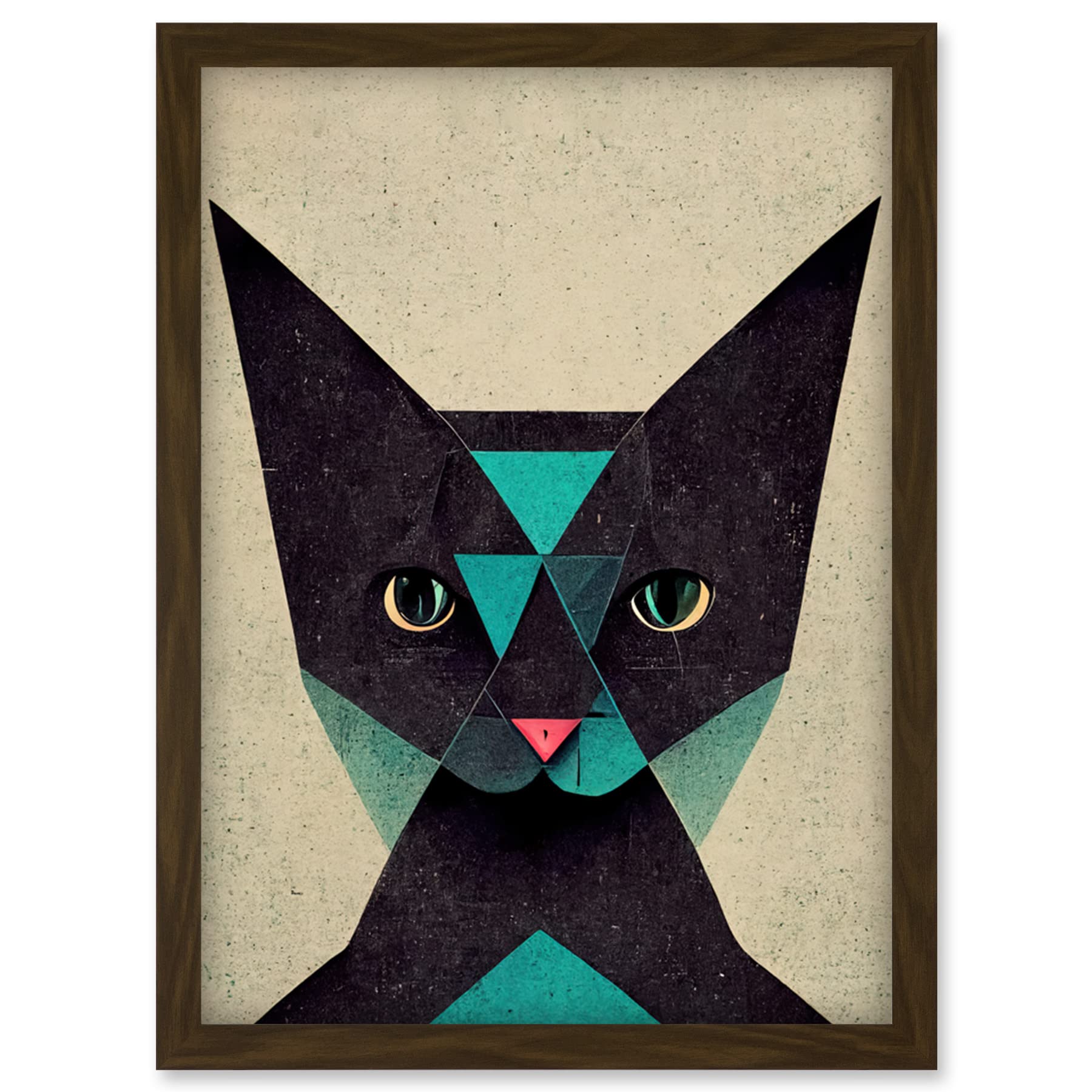 Doppelganger33 LTD Geometric Black Cat Teal Fun Quirky Artwork Framed Wall Art Print A4
