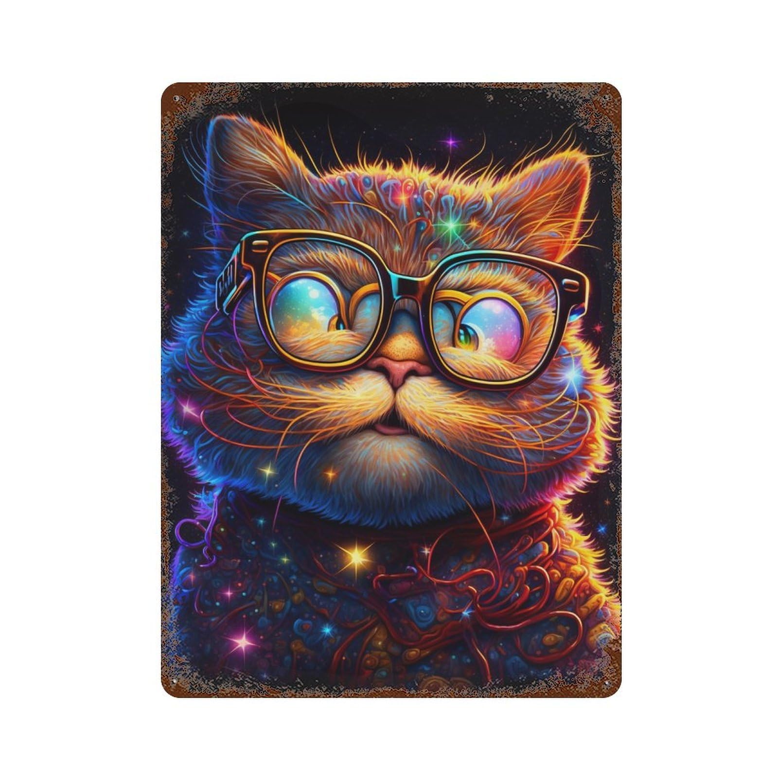 Galactic Cat Glasses Vintage Rust Metal Sign 15.7"x11.8", Ideal for Bistro, Counter And Cafe Decor