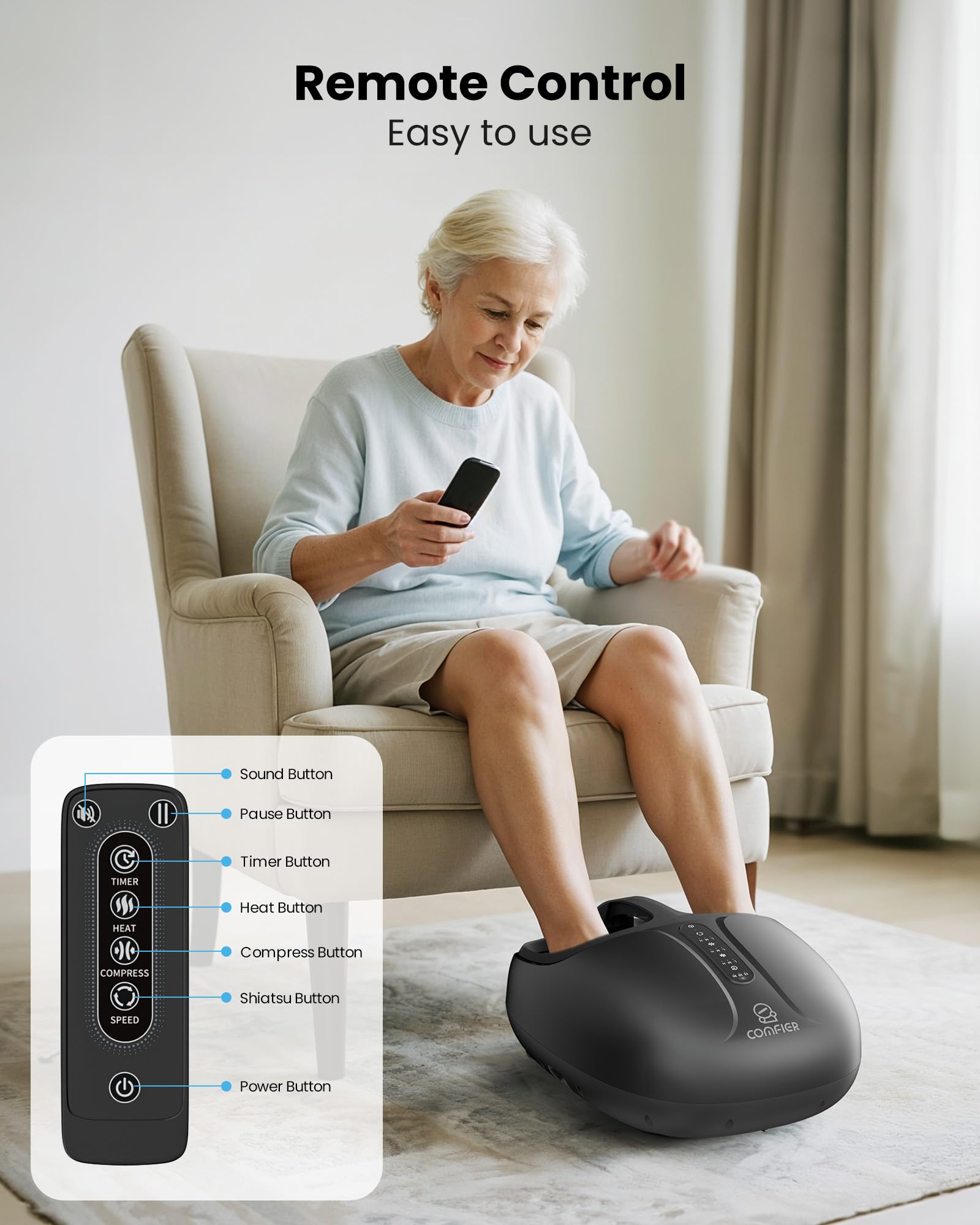 COMFIER Masajeador de Pies Shiatsu, Masajeador Pies con Amasamiento Profundo y Calor para Plantar, Relajación para la Oficina en Casa, Hasta la Talla 46 para Hombre