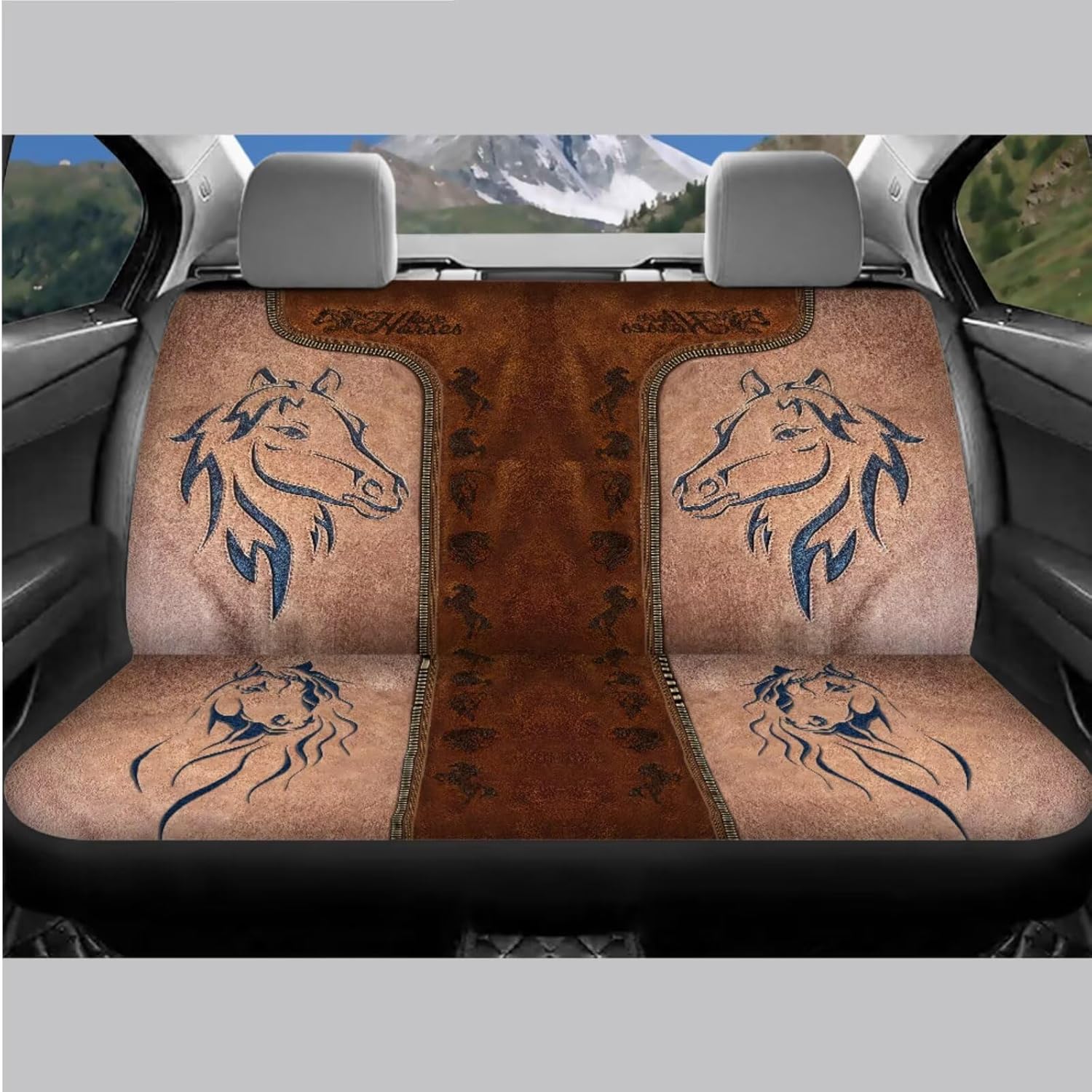 Horse Print Car Seat Covers Full Set,Universal Car Steering Wheel Cover/Armrest Cover/Seatbelt Covers/Coasters/Lip Holder/Keychains