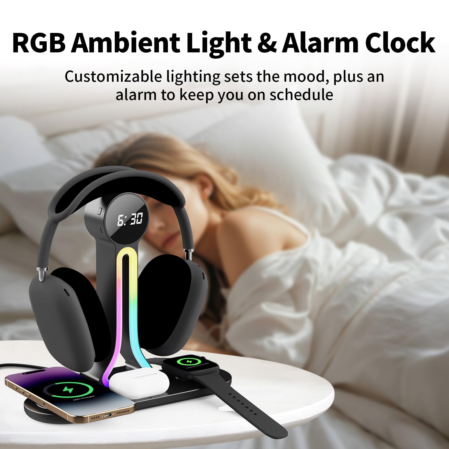 Trasforma la tua scrivania - Stazione di ricarica wireless 4 in 1 con supporto per cuffie, doppia porta USB, caricabatterie rapido da 15 W per telefono/A-irPods/A-pple Watch, luce RGB, sveglia a LED