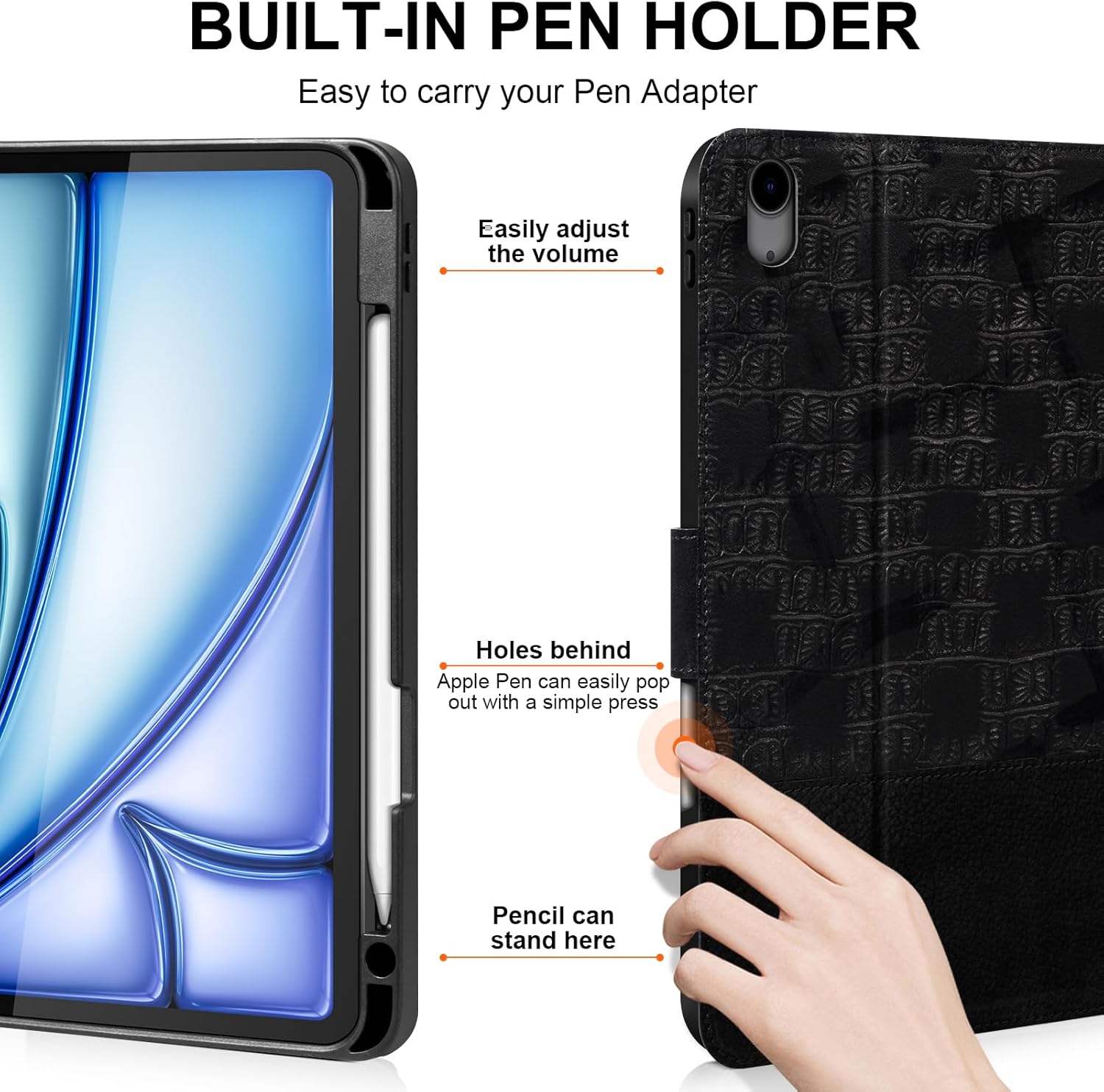 Genuine Leather Case for iPad (A16) 11th Generation 11 Inch 2025, iPad 10th Generation 10.9 Inch 2022, Protective Cover with Magnetic Closure, Pencil Holder, Adjustable Stand,Black Crocodile