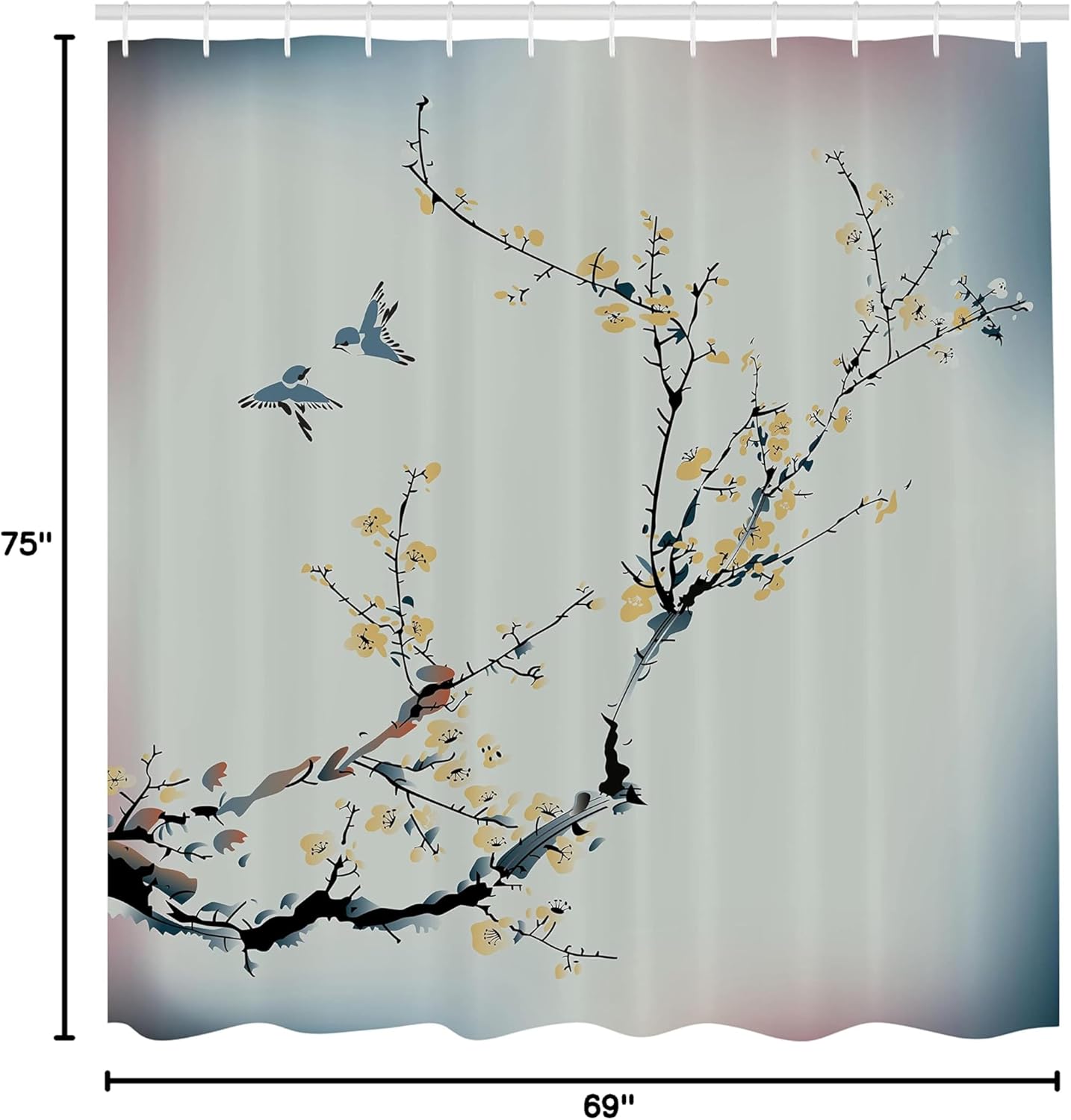 Ambesonne Nature Shower Curtain, Floral Buds Birds with Cherry Branches Style Artwork Painting Effect, Cloth Fabric Set Farm House Hotel Quality Decor for Master Bathroom, 69" W x 75" L, Grey Mustard