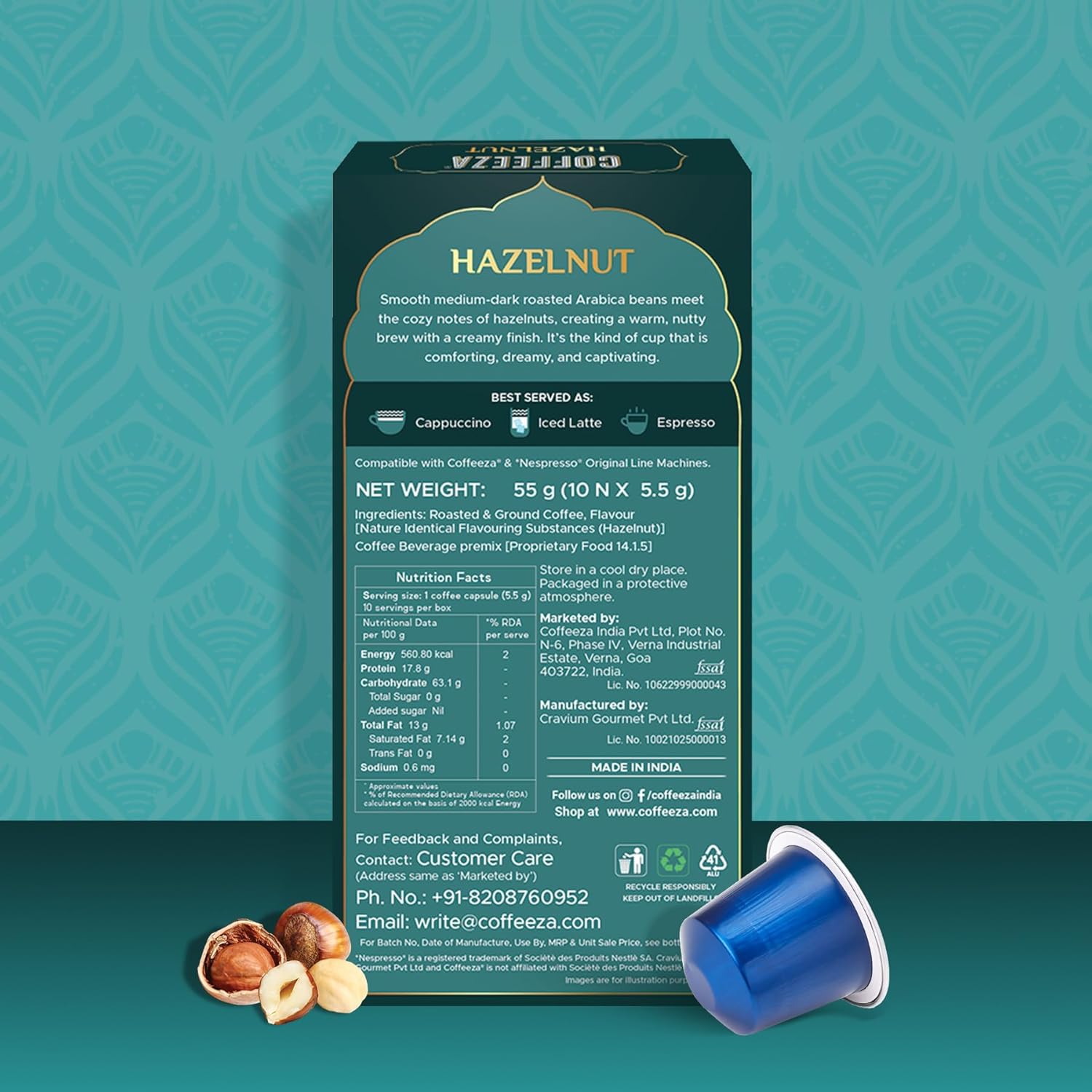 Coffeeza Espresso Coffee Pods, Hazelnut, Compatible with Nespresso Original Line Espresso Machines, Medium Roast, Intensity – 7, Arabica Aluminium Coffee Capsules, 3 Pack - 30 Single Serve Pods