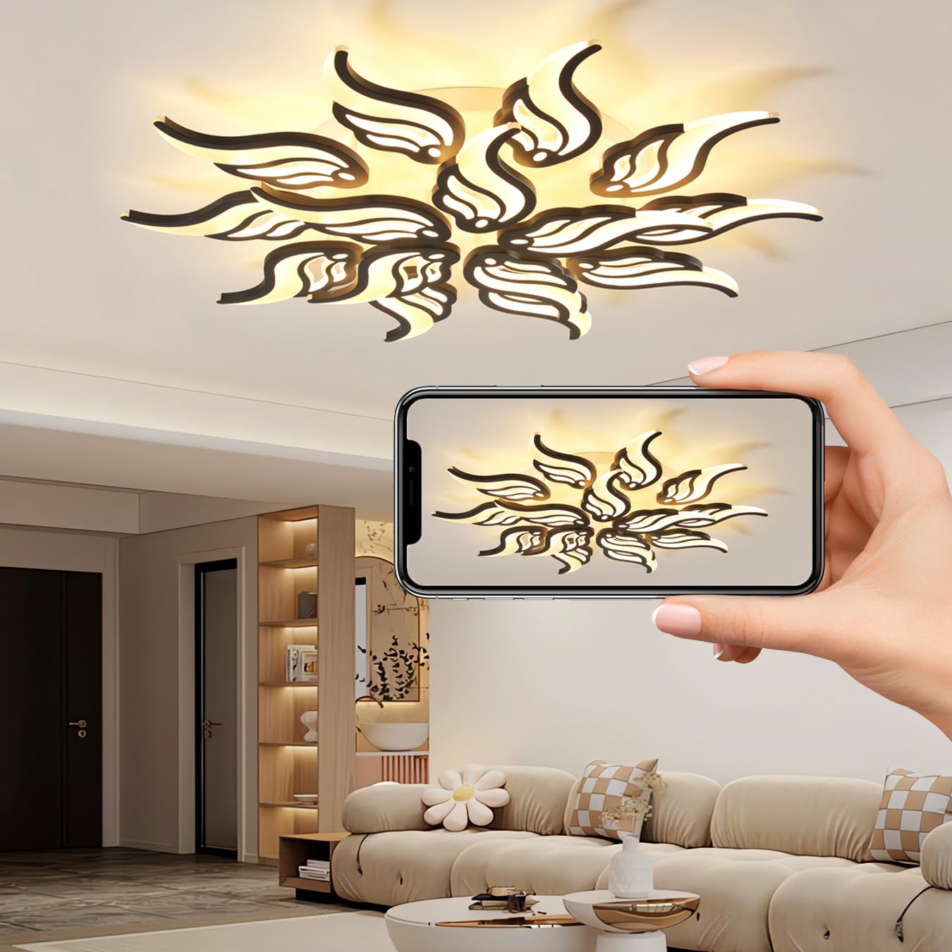 Lampa Sufitowa LED,Kreatywna Lampa Sufitowa Led W KształCie Kwiatu,Z MożLiwośCią śCiemniania Za Pomocą Pilota,Nowoczesne Lampy Sufitowe Do Salonu,Sypialni,Jadalni I Gabinetu (Czarny, 15 głowic)