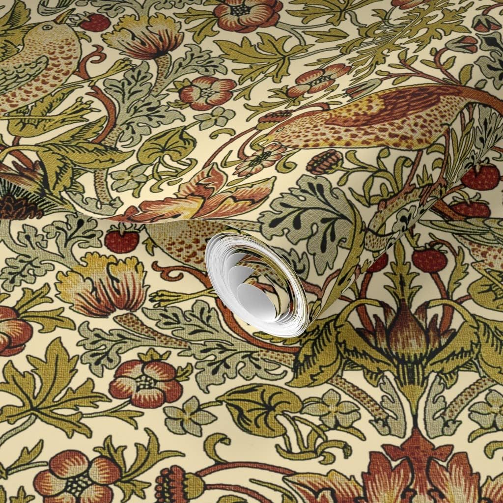 Removable Wallpaper 12ft x 2ft - Strawberry Cream Yellow Antique Victorian Inspired Birds Custom Pre-Pasted Wallpaper by Spoonflower