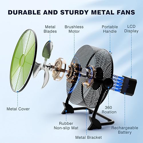 Miniatura 6 de Ventilador de piso recargable portátil de 12 pulgadas, ventilador silencioso de metal con pilas, tiempo de funcionamiento 24 horas, 12 velocidades,