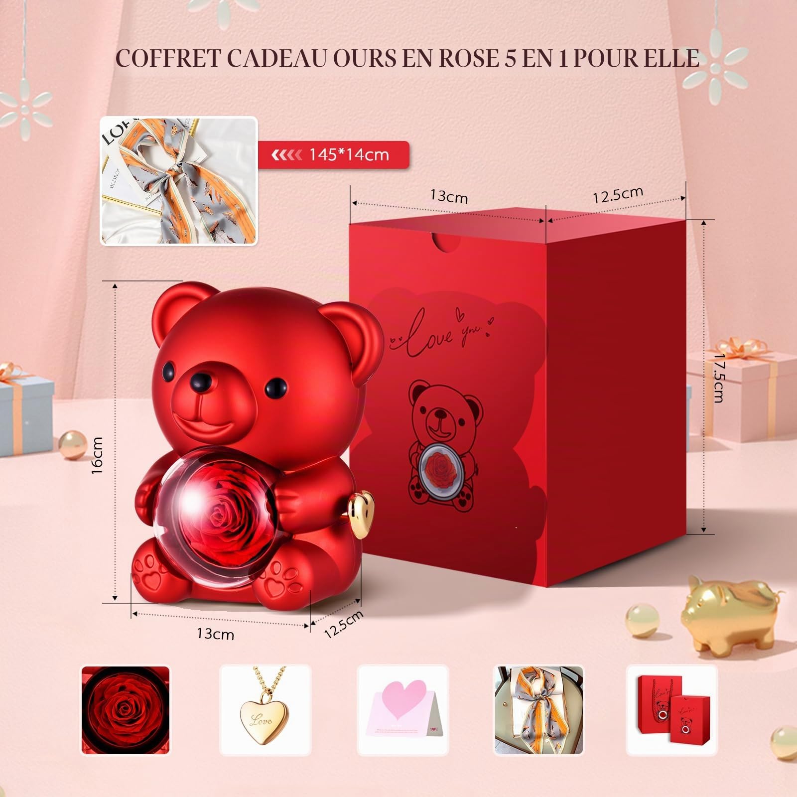 GOICC Rose Eternelle Ours Fête des Mères Idee Cadeau Original avec Collier pour Maman Femmes Rose Préservée Vraie Fleur avec Écharpes pour Petite Amie Épouse pour Saint Valentin Anniversaire Noël