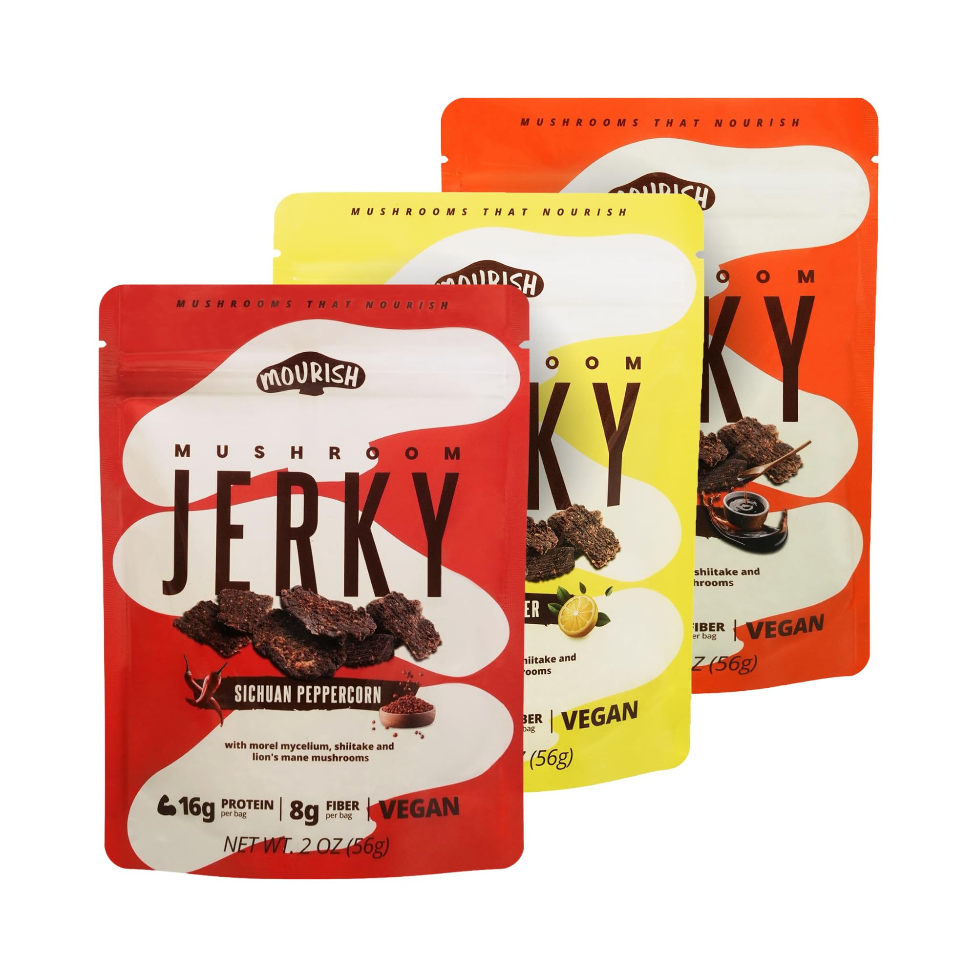 Mourish Vegan Mushroom Jerky, Variety Pack, 3 Pack (2 oz), Good Source of Protein and Fiber, Plant Based Meat, Meatless Healthy Snacks for Hiking,