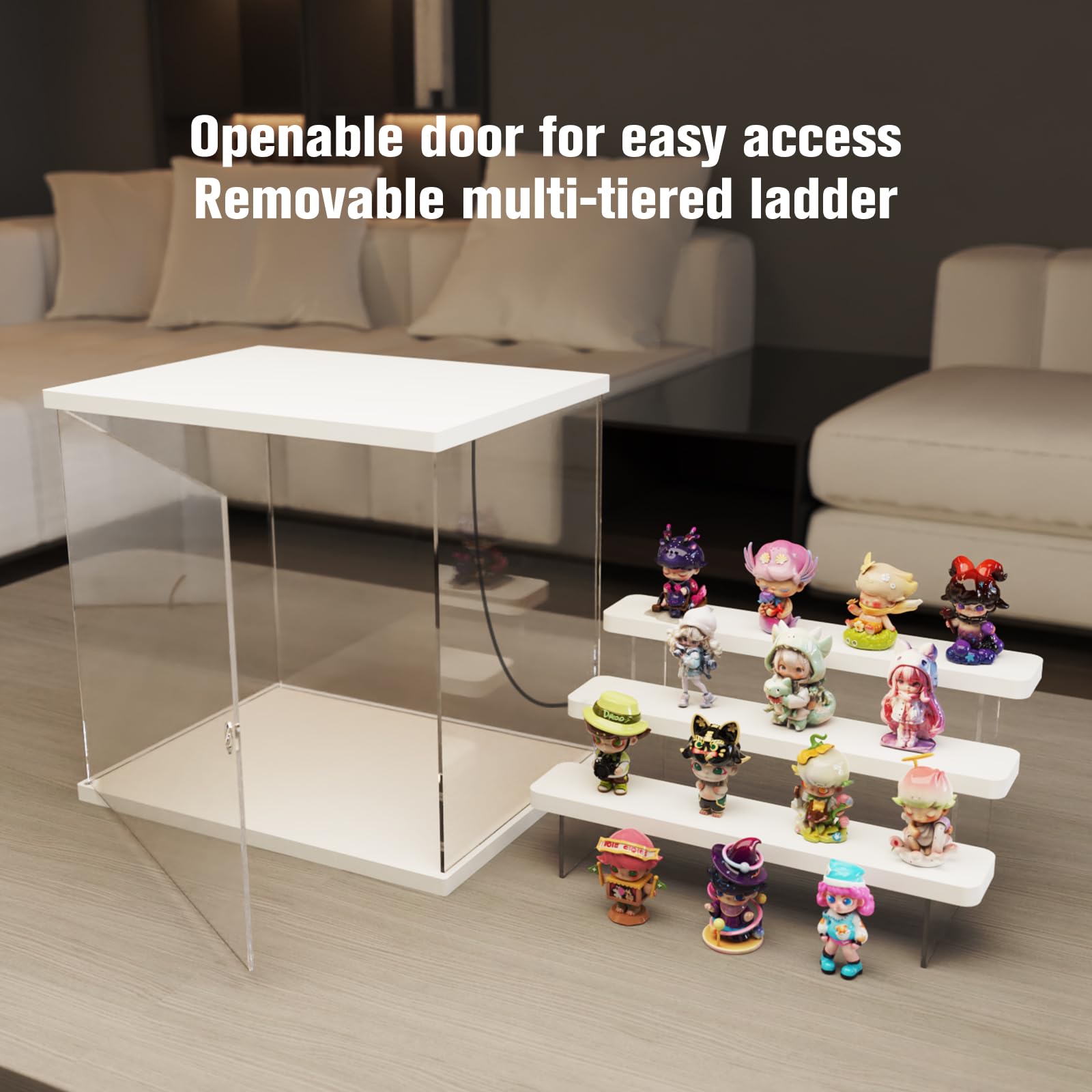 Vetrina Acrilica con Luce LED, 4 Livelli Scatola Vetrina Espositiva per Collezionismo con Porta e Gradini, Antipolvere Teca Plexiglass per Funko Pop, Figure, Modellini, Bianco