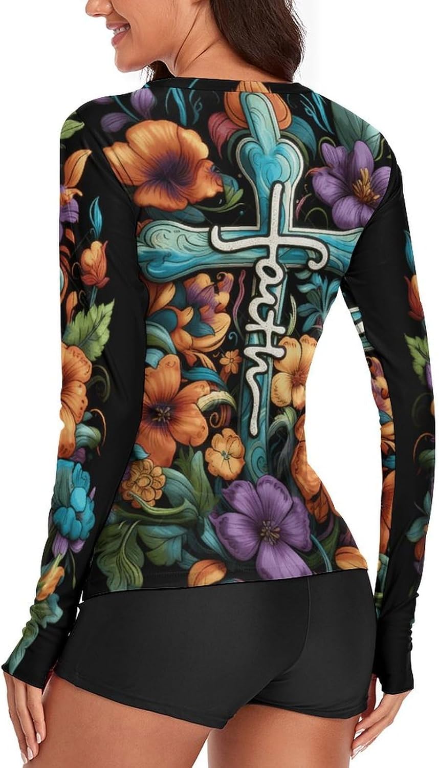 Christ Crosses Flowers_ Rash Guard for Women UPF 50+ UV Sun Protection | Long Sleeve Workout Top Quick Dry Athletic Hiking Shirt Moisture Wicking Swim Shirt for Running, Cycling, Swimming