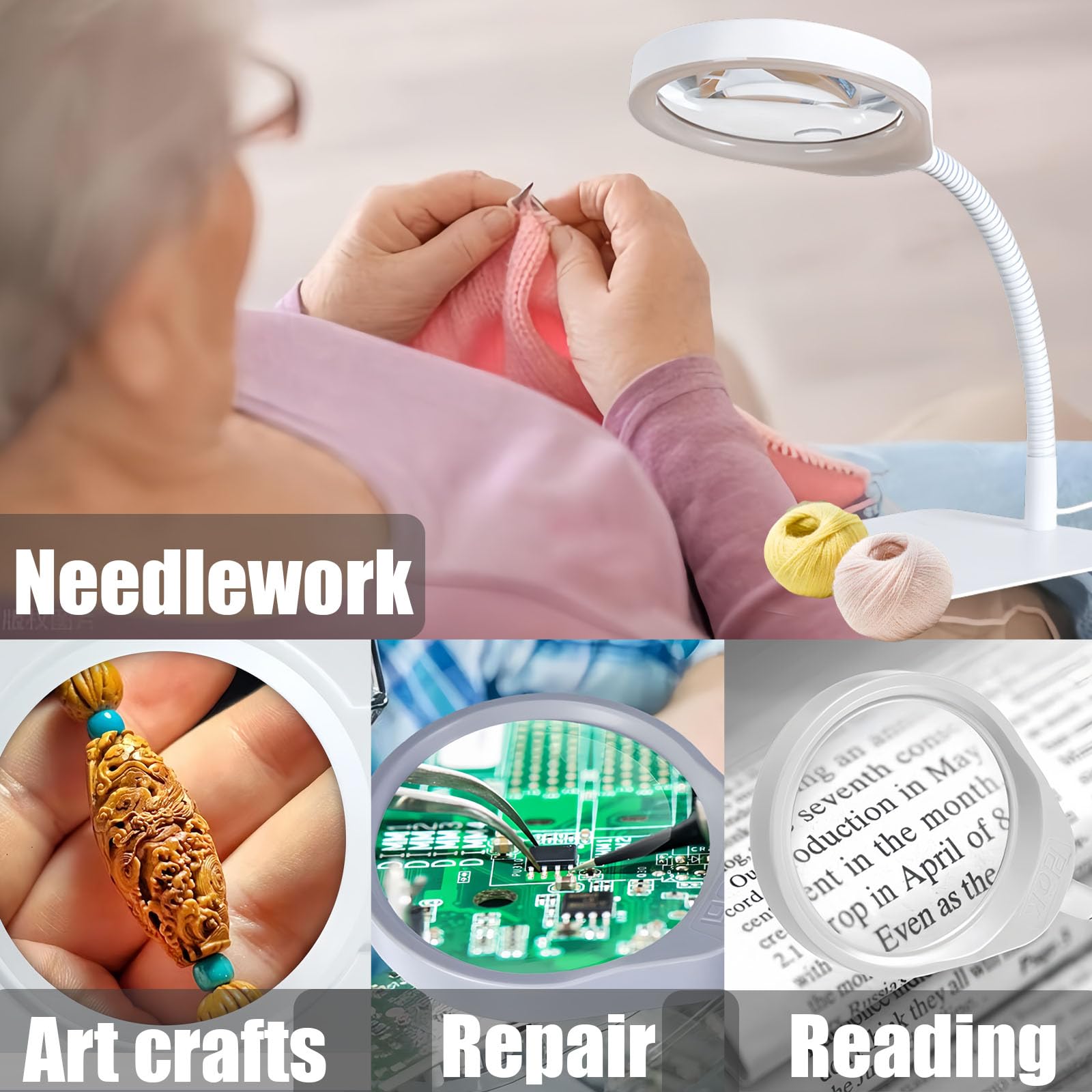 Lupe mit Licht und Ständer, 10-fache Vergrößerung, flexibler Schwanenhals, LED-Schreibtischlampe, freihändig für Handwerk, Lesen, Malen, Hobby, enge Arbeit (weiß)