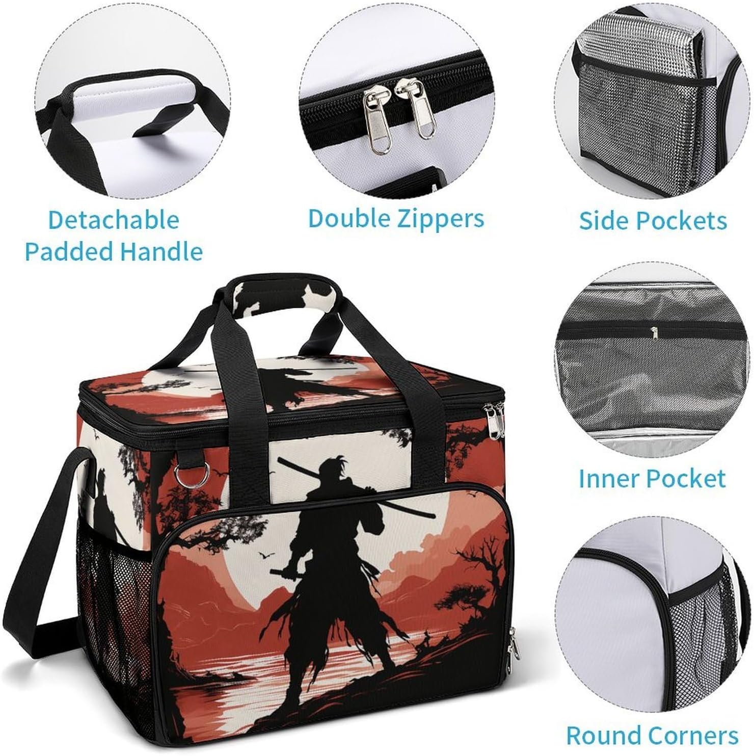 Large Capacity Oxford Cloth Samurai Printed Camping Ice Bag, Outdoor Portable Insulation and Cooling Bag, Suitable for Outdoor Camping and Picnics